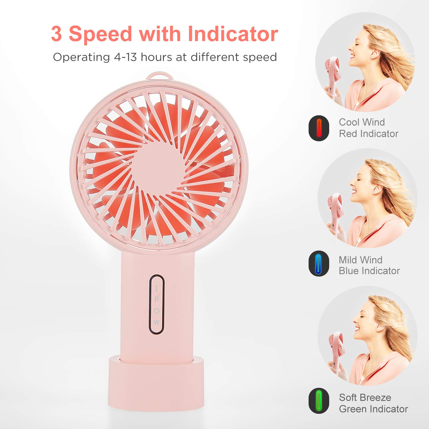 IPOW Mini Handheld Fan - 3 Speed Adjustable USB Rechargeable Portable Fan with Removable Base & Lanyard - Compact Personal Cooling Fan for Home, Office, Camping, Travel (Peach Pink) - Perfect for Disney Trips, Outdoor Activities & Desk Use