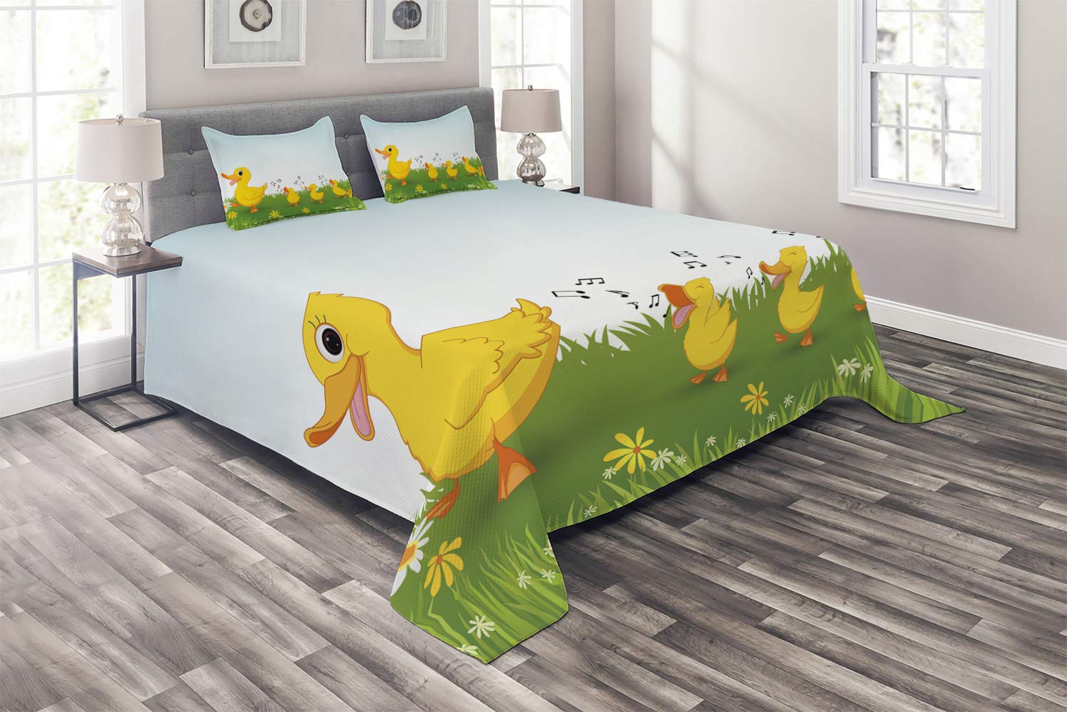Ambesonne Cartoon Duvet Cover Set - King Size 3 Piece Quilted Bedspread with 2 Pillow Shams, Mother Duck & Baby Ducks Walking Singing Meadow Floral Design in Mustard & Pale Blue - Cozy Nursery Decor, Kids Room Bedding, Gift for New Parents