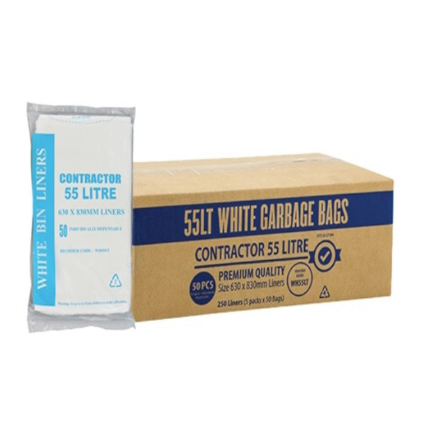 55Lt White Contractor Trash Bags - Heavy Duty Garbage Bags for Construction Sites, Offices & Home Use
