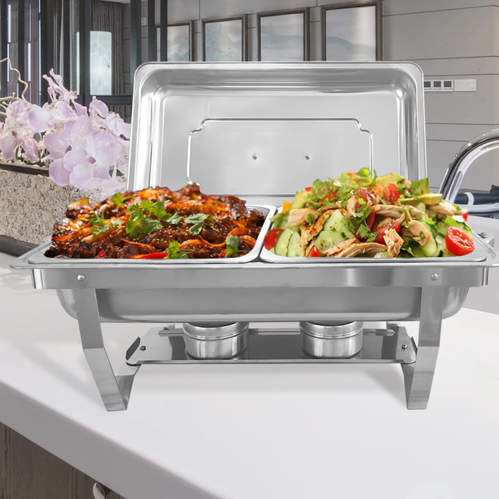 8-Piece Stainless Steel Chafing Dish Buffet Set with Covers & Folding Stand - Food Warmers for Catering, Weddings, Parties & Banquets | Perfect for Buffet Serving, Events & Large Gatherings