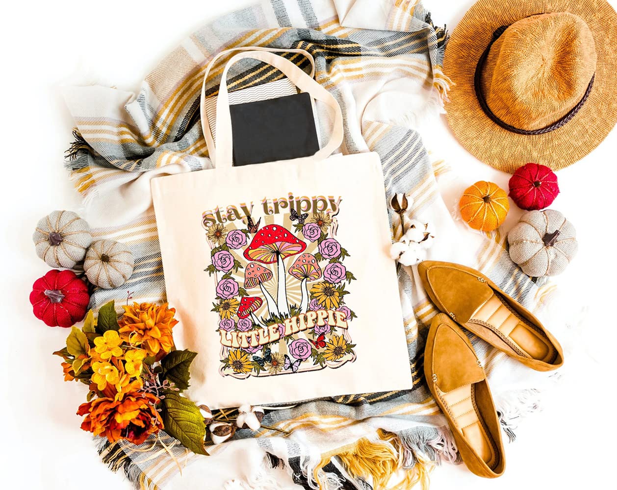 Stay Trippy Little Hippie Canvas Tote Bag - Eco-Friendly Reusable Grocery Shoulder Bag with Bohemian Flower & Mushroom Design for Women | Perfect for Shopping, Beach Trips & Festival Fashion