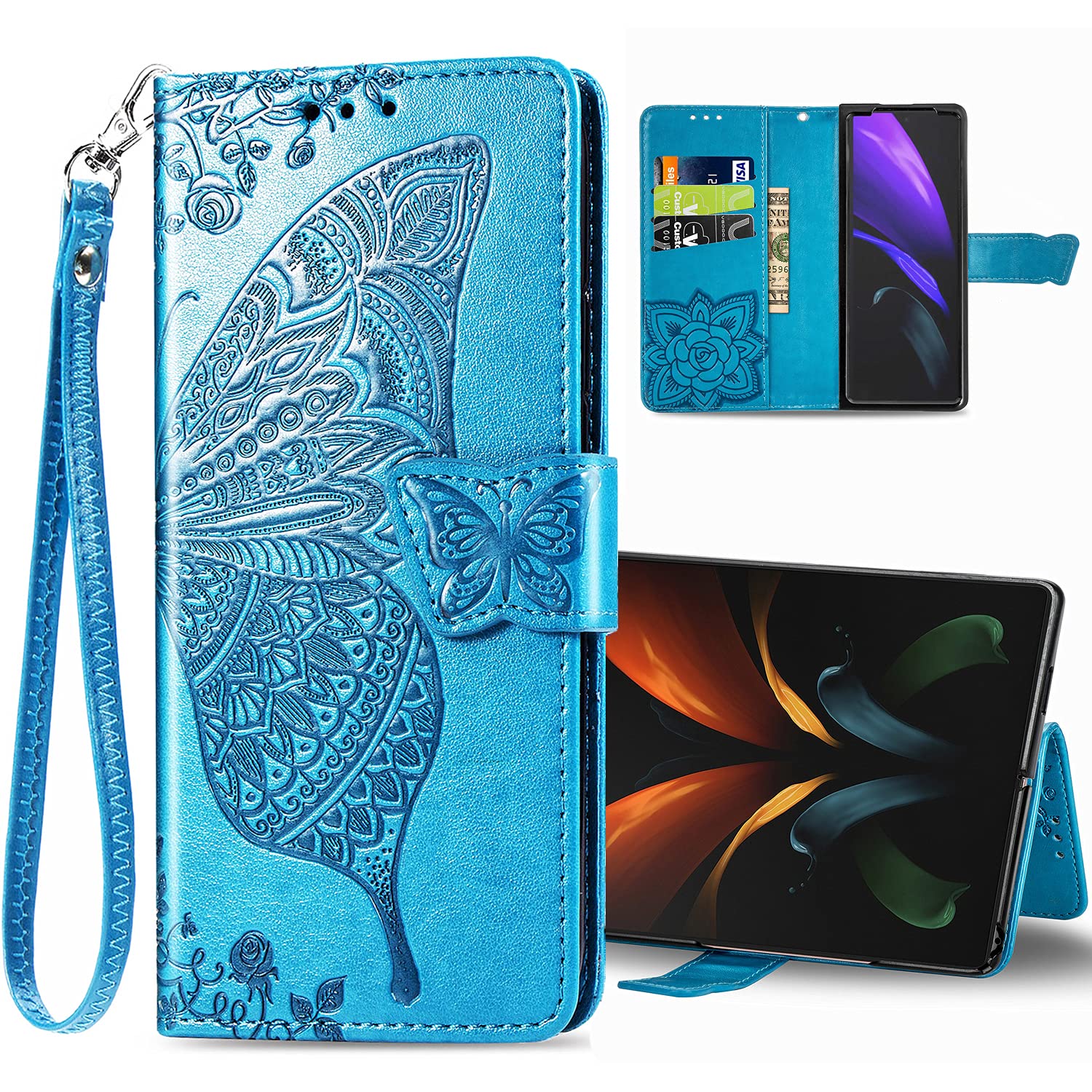 Samsung Galaxy Z Fold 3 Case - PU Leather Wallet Flip Cover with Magnetic Kickstand, Card Slots & Wrist Strap | Butterfly Flower Embossed Design | Perfect for Work, Travel & Everyday Use (Blue)