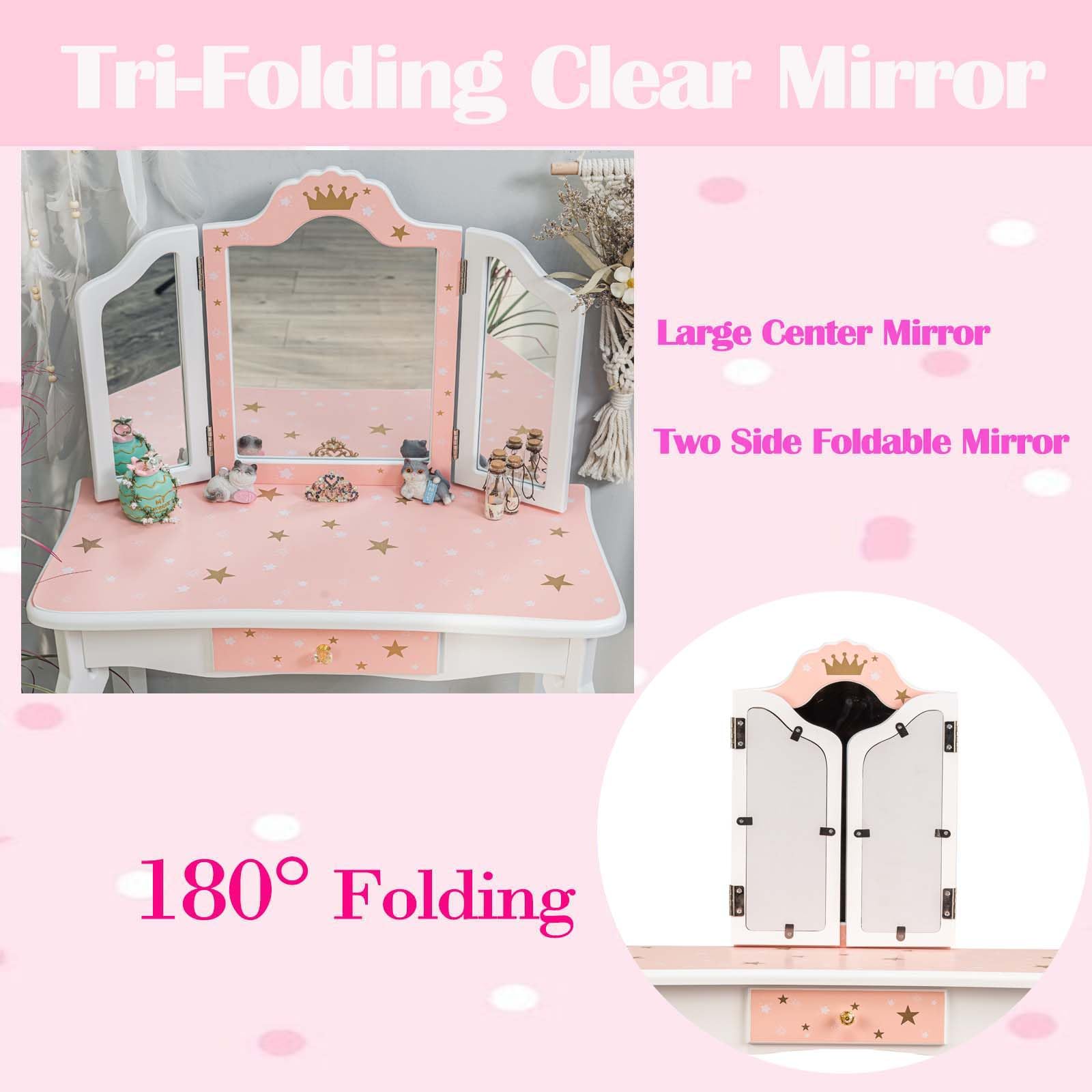 Memoryfield Kids Vanity Set - Wooden Princess Makeup Dressing Table with Mirror, Stool & Drawer | 2-in-1 Toddler Vanity Desk for Girls | Pretend Play, Birthday Gift & Bedroom Decor (Pink/White) - Perfect for Playrooms, Birthday Parties & Imaginative Play