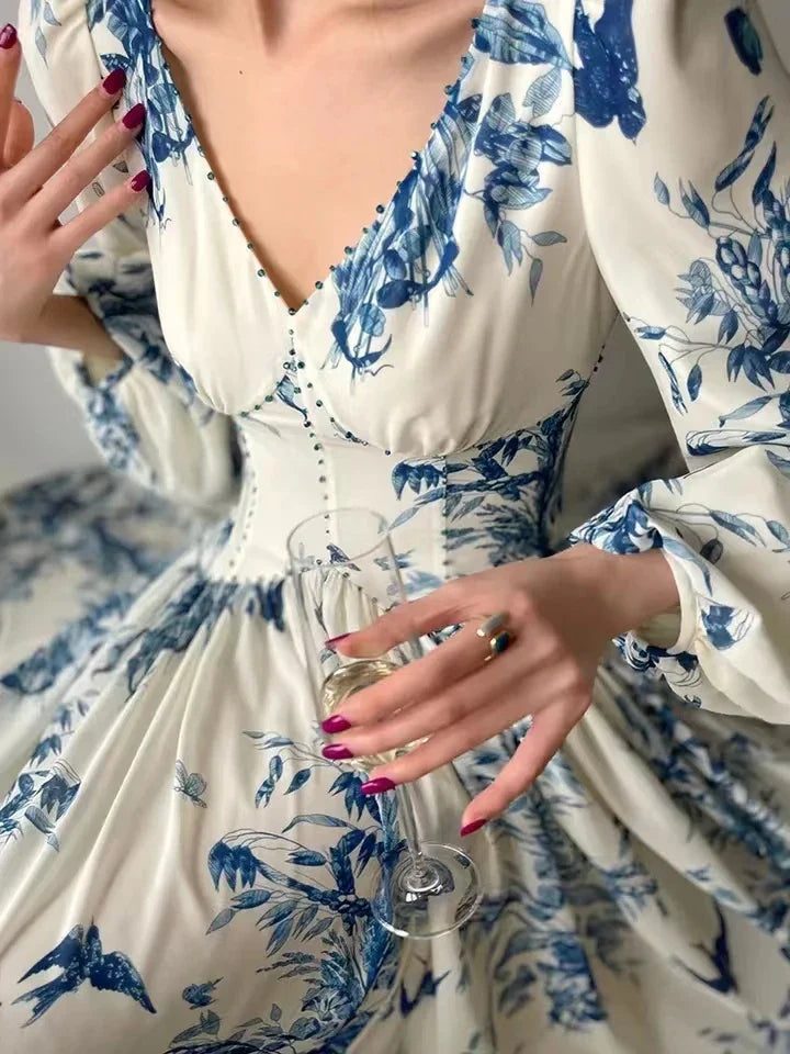 Floral Beaded High Waist A-Line Vintage Party Dress with Lantern Sleeves - Elegant Women's Fashion for Beach Holidays, Cocktail Parties & Special Occasions