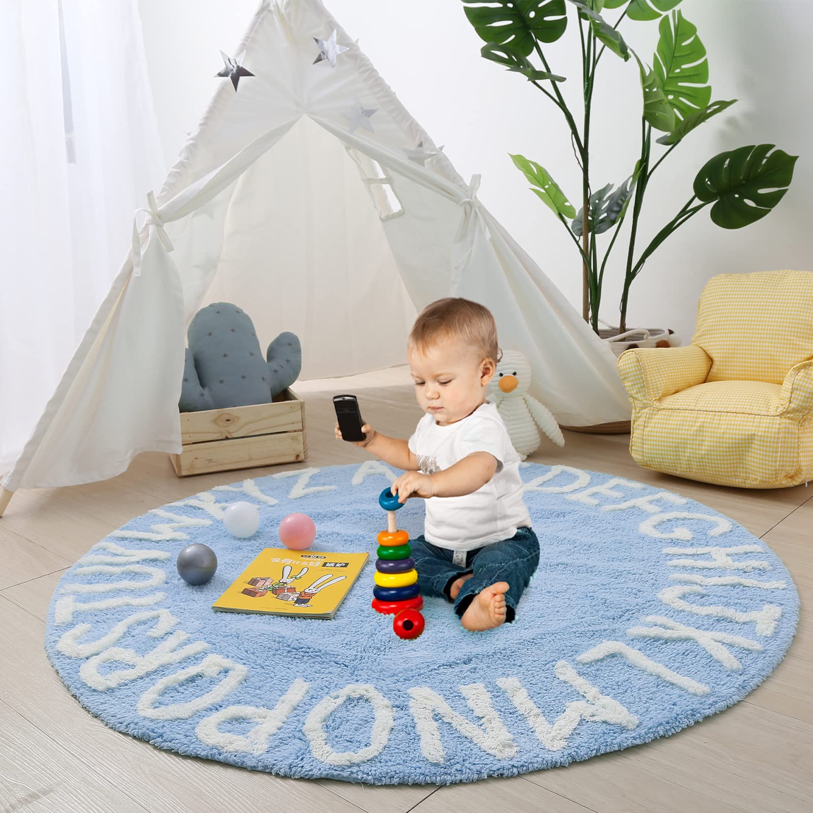 ABC Alphabet Rug for Kids Room - Neutral Cotton Circle Nursery Rug for Baby Boy & Girl, 47