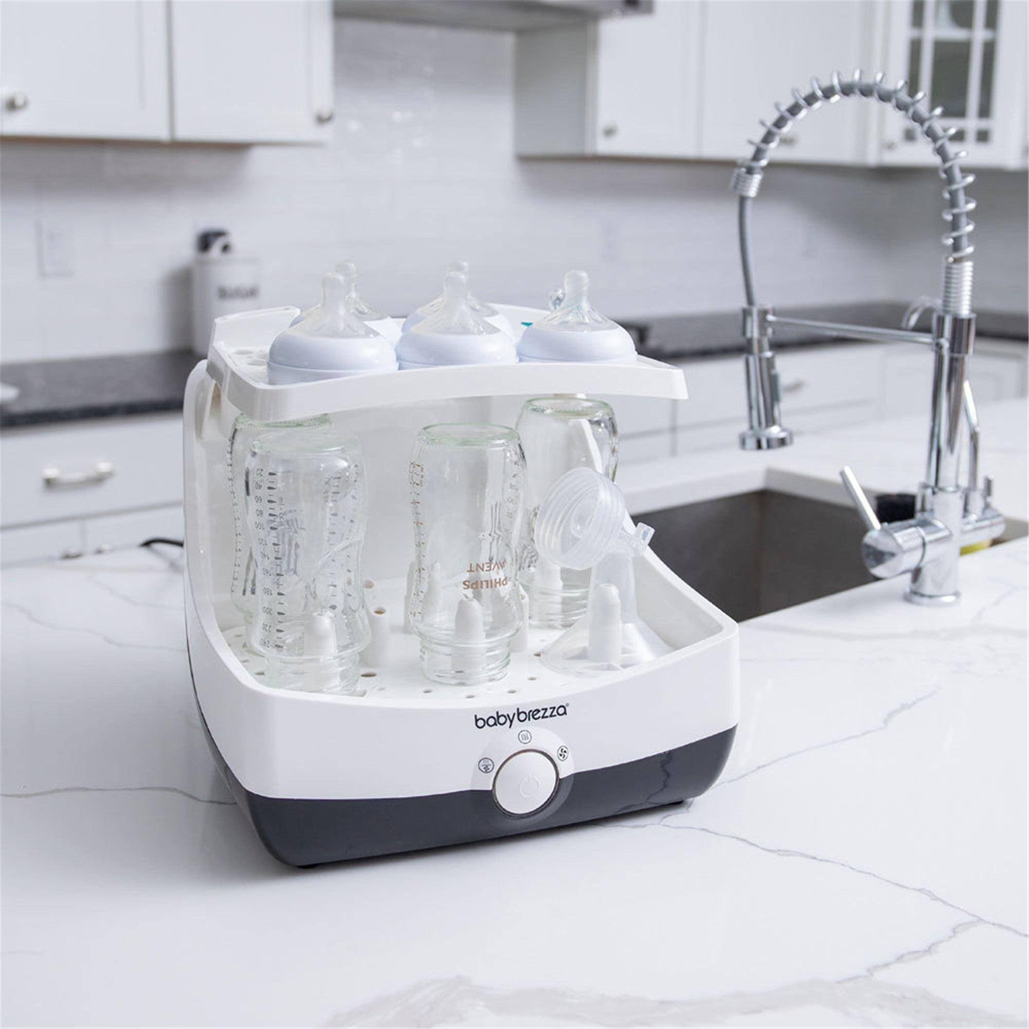Baby Brezza Superfast Baby Bottle Sterilizer and Dryer - White | Fast 5-Minute Sterilization & Drying | Perfect for Newborns, Breast Pump Parts & Pacifiers | Nursery & Daycare Essential