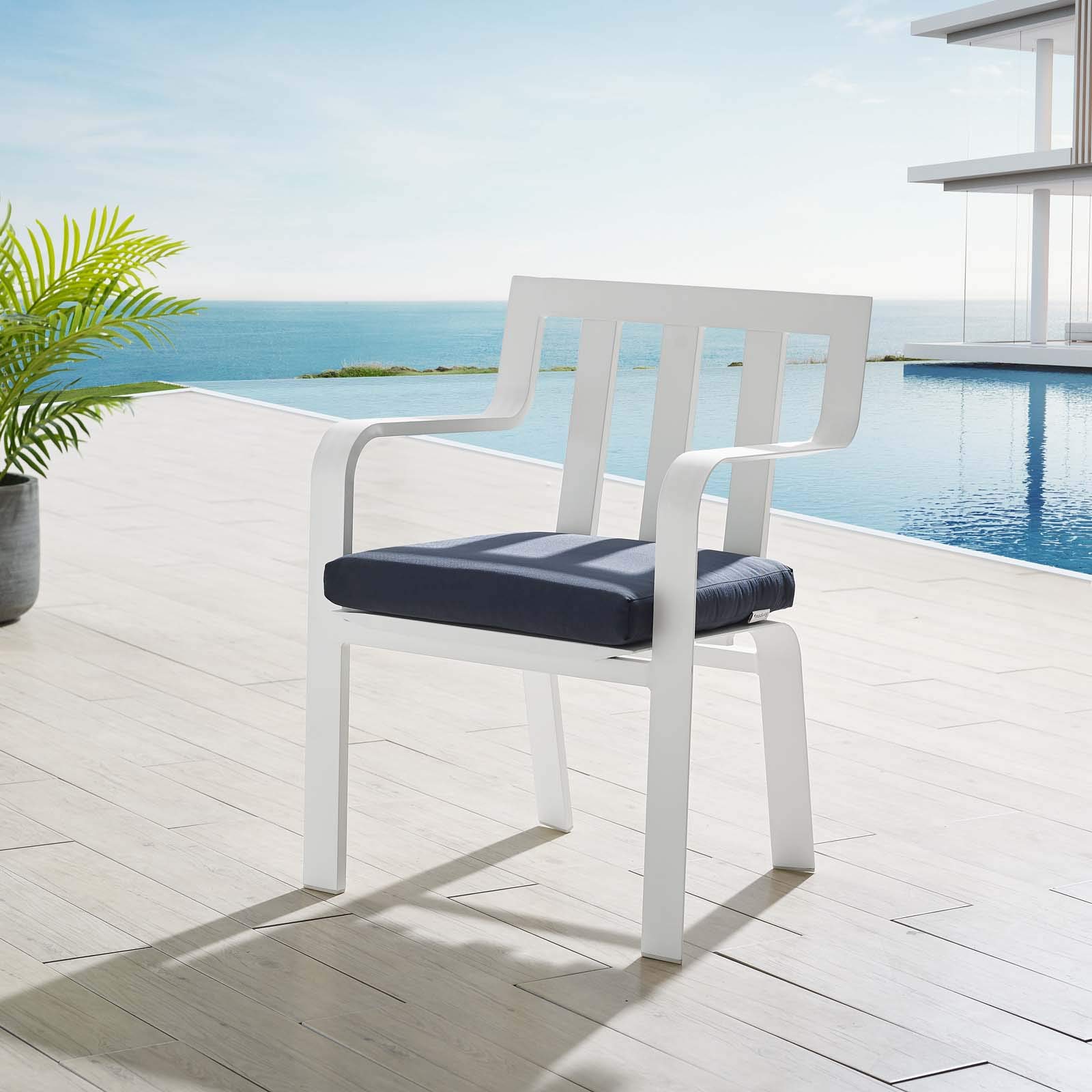 Modway Baxley Stackable Aluminum Outdoor Dining Chair - White & Navy - Weather-Resistant Patio Furniture for Backyard, Poolside & Garden Use