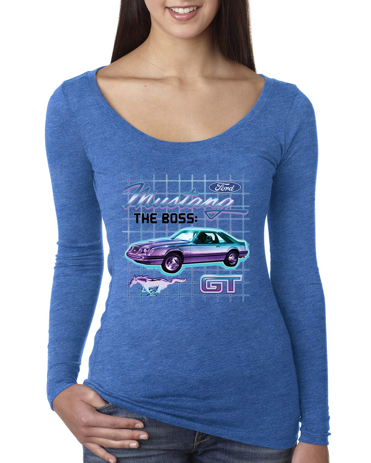 Ford Mustang GT The Boss Retro Vintage Car & Truck Women's Scoop Neck Long Sleeve T-Shirt | Classic Muscle Car Apparel for Casual Wear & Car Enthusiast Gifts