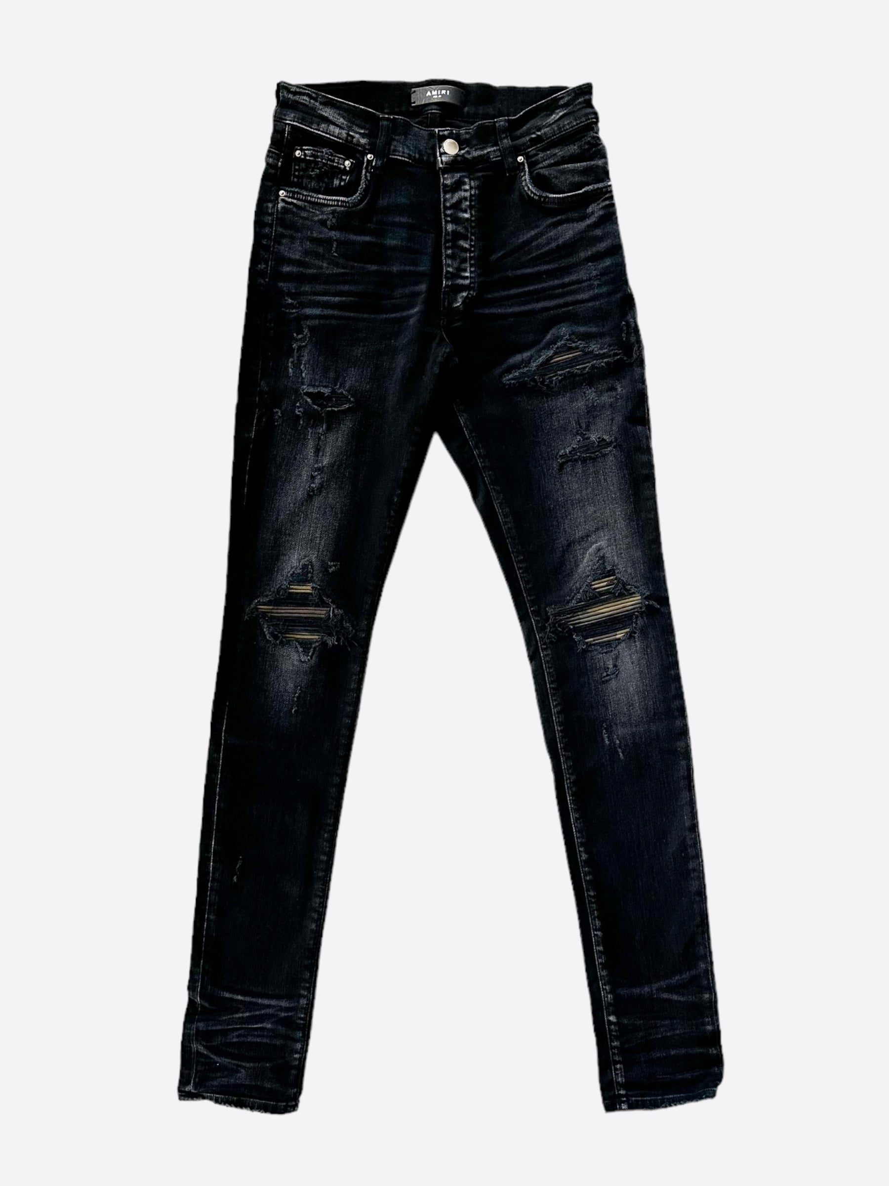 Amiri Aged Black Camouflage Patch MX1 Jeans for Men - Distressed Slim Fit Denim Pants | Streetwear & Casual Style