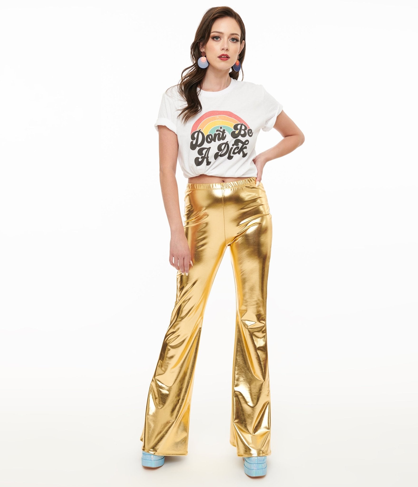 1970s Gold Palazzo Flare Pants for Women - Vintage High Waisted Wide Leg Trousers - Perfect for Retro Parties & Boho Fashion Outfits