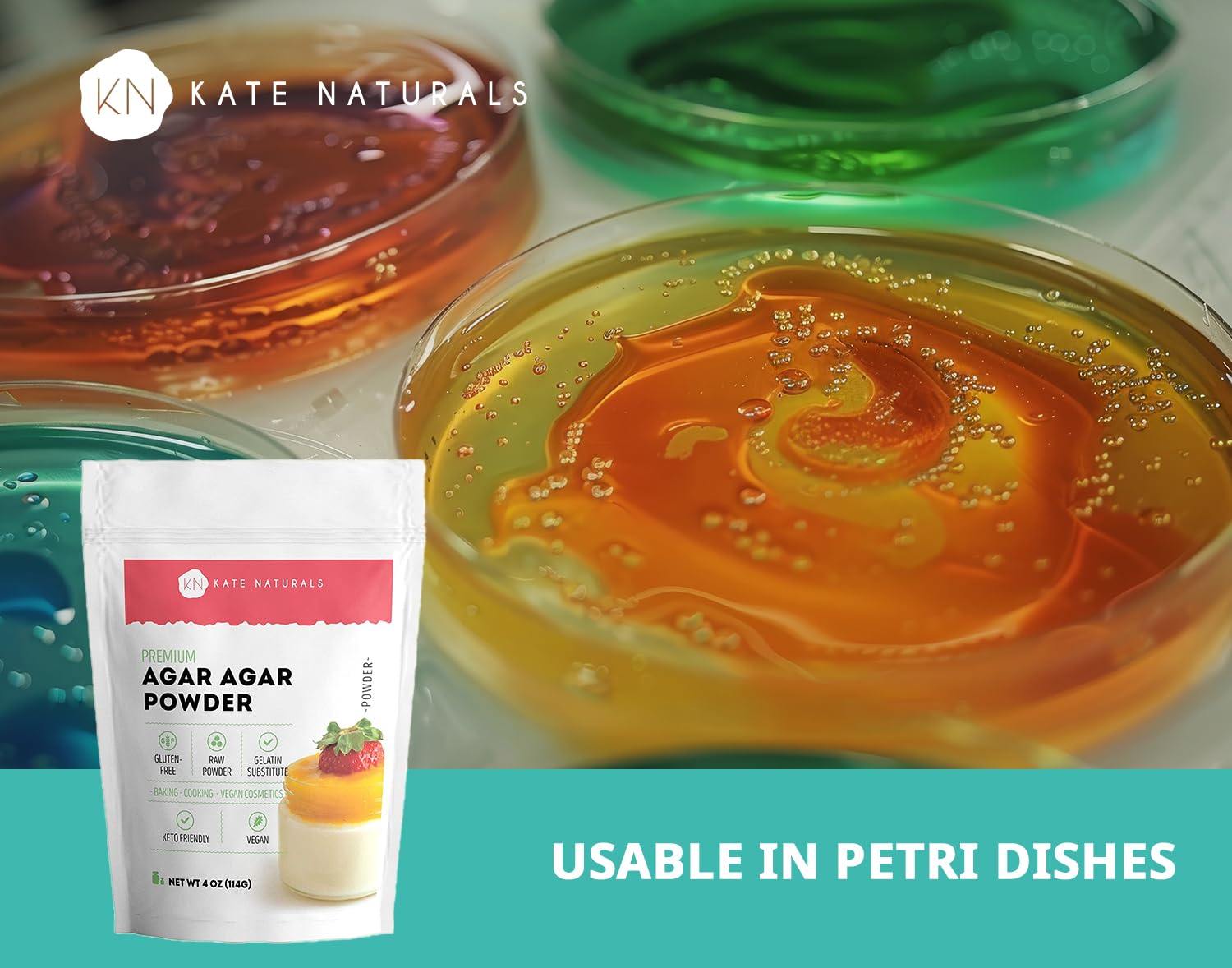 Kate Naturals Agar Agar Powder - Vegan, Halal, Unflavored Gelatin Substitute for Cooking, Baking & Petri Dishes (4oz, Plant-Based, Vegetarian) | Perfect for Jellies, Puddings & Science Experiments