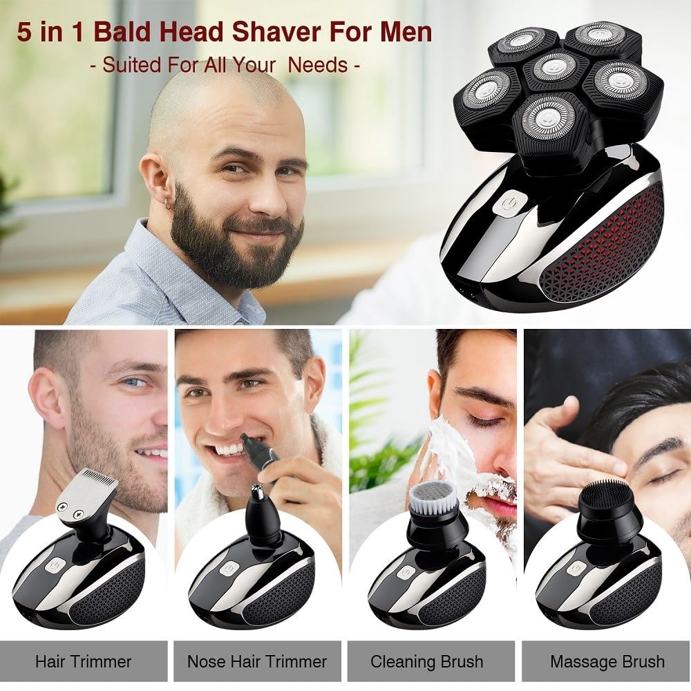 Best 5-in-1 Electric Head Shaver for Bald Men - Waterproof Wet/Dry Trimmer with Nose & Sideburn Clippers - Complete Grooming Kit for Smooth Shaving at Home or Travel