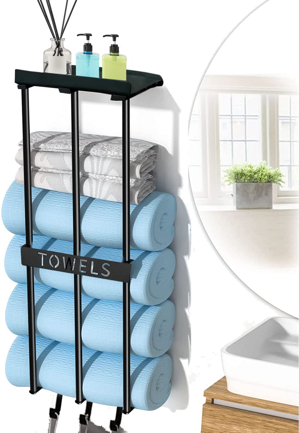 Stainless Steel Wall Mounted Towel Rack with Storage Shelf & 3 Hooks - Space Saving Bathroom Organizer for Rolled/Folded Towels & Washcloths - Perfect for Small Bathrooms, Spa, Gym & Laundry Room Organization