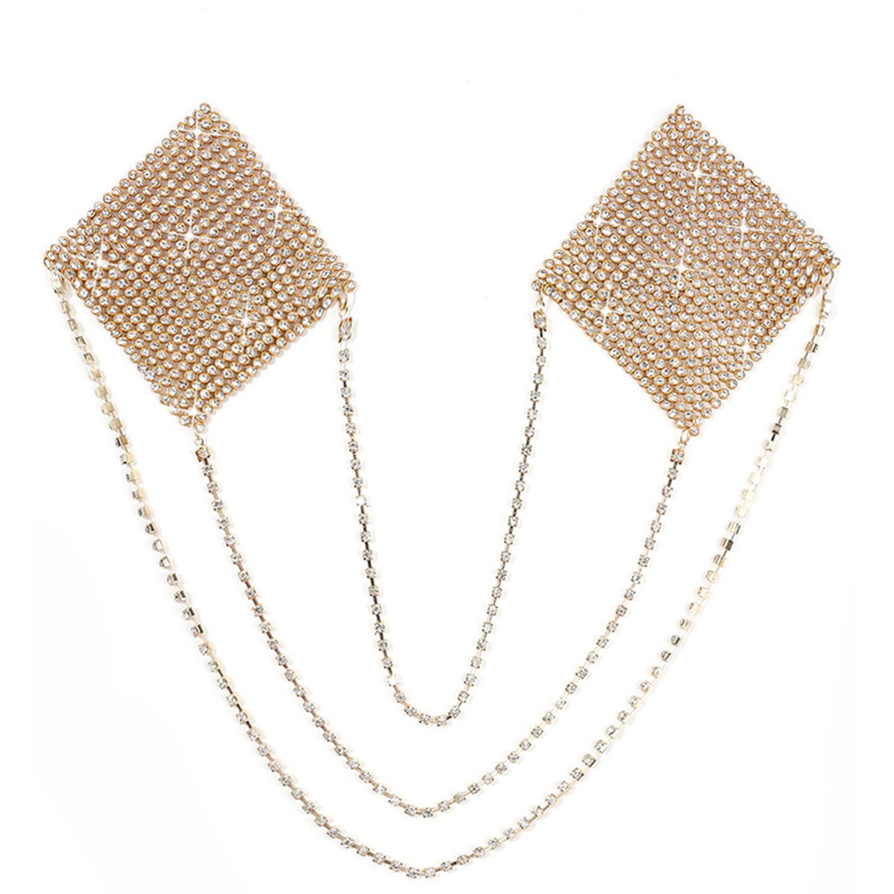 Sparkly Rhinestone Metal Chain Nipple Covers with Tassel - Reusable Adhesive Pasties for Women, Sexy Bra Body Chain Jewelry - Perfect for Bachelorette Parties, Music Festivals & Boudoir Photography