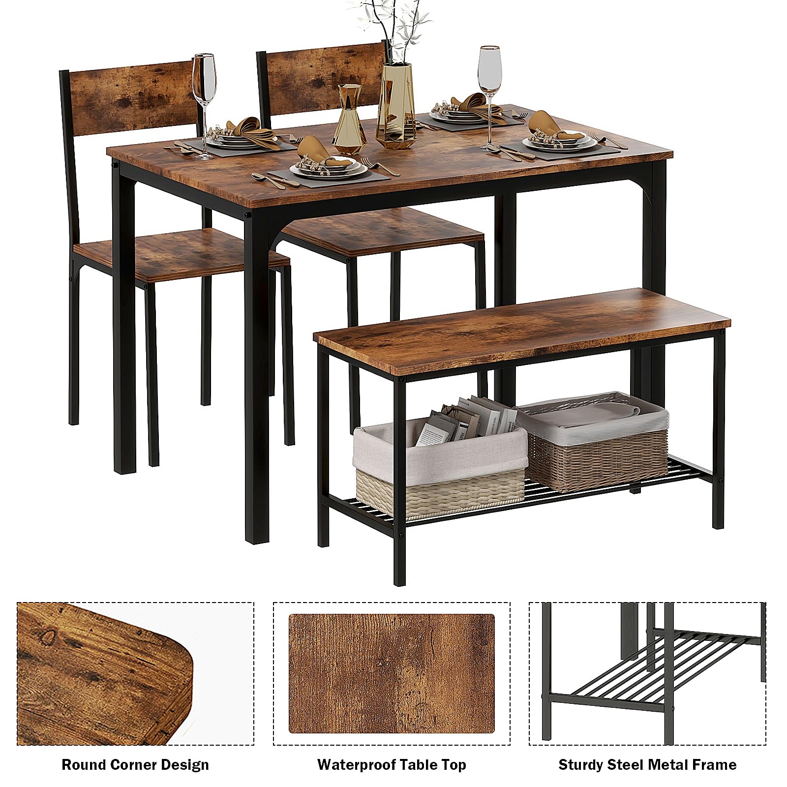 SogesPower 4-Piece Dining Table Set with 2 Chairs & 1 Bench - Rustic Brown Kitchen Table for Small Spaces | Perfect for Dining Room, Restaurant, Apartment & Compact Living Areas