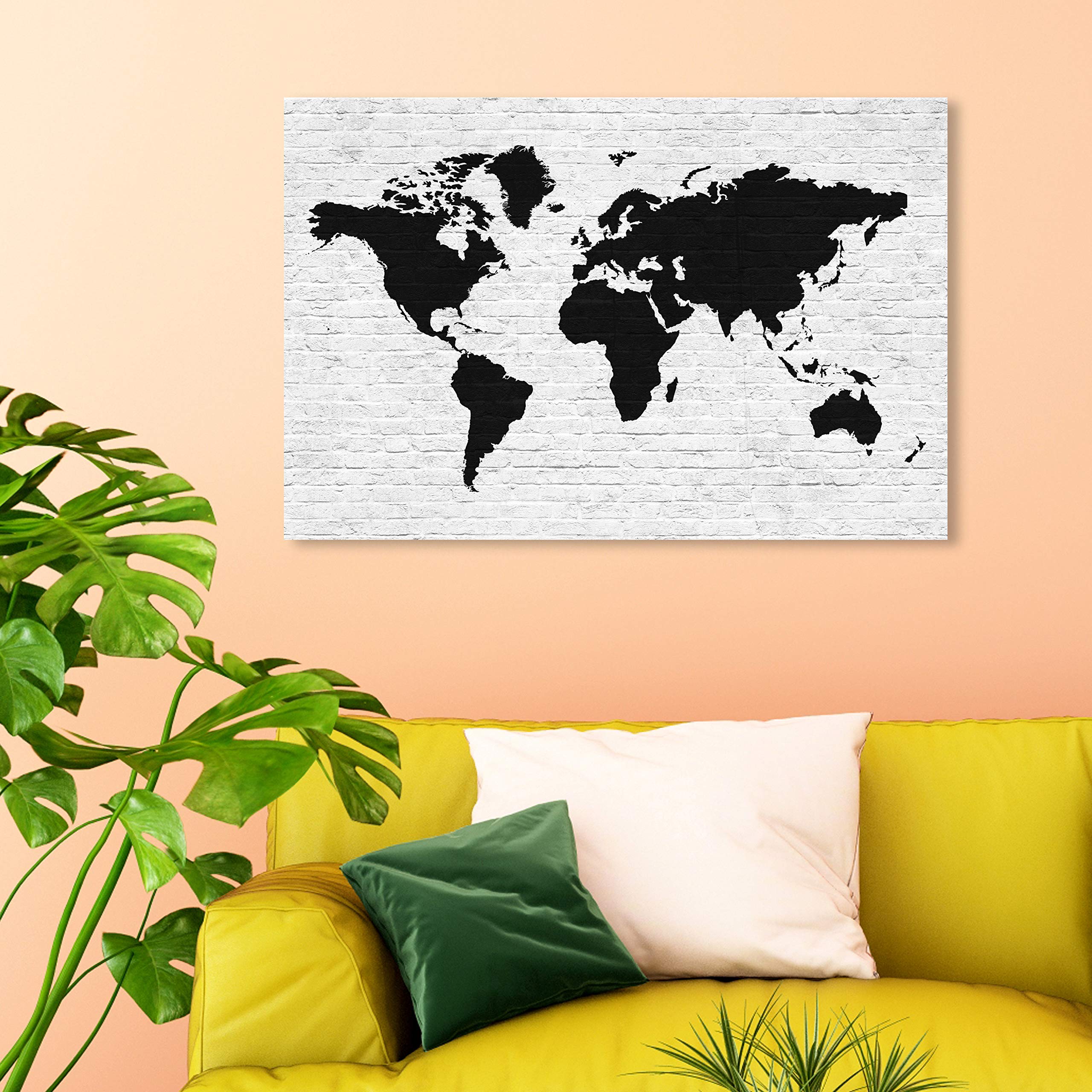 Oliver Gal Artist Co. 'Clean Brick Mapamundi' World Map Wall Art - 36x24 Inch Black & White Canvas Print for Home & Office Decor | Perfect for Living Room, Bedroom or Study