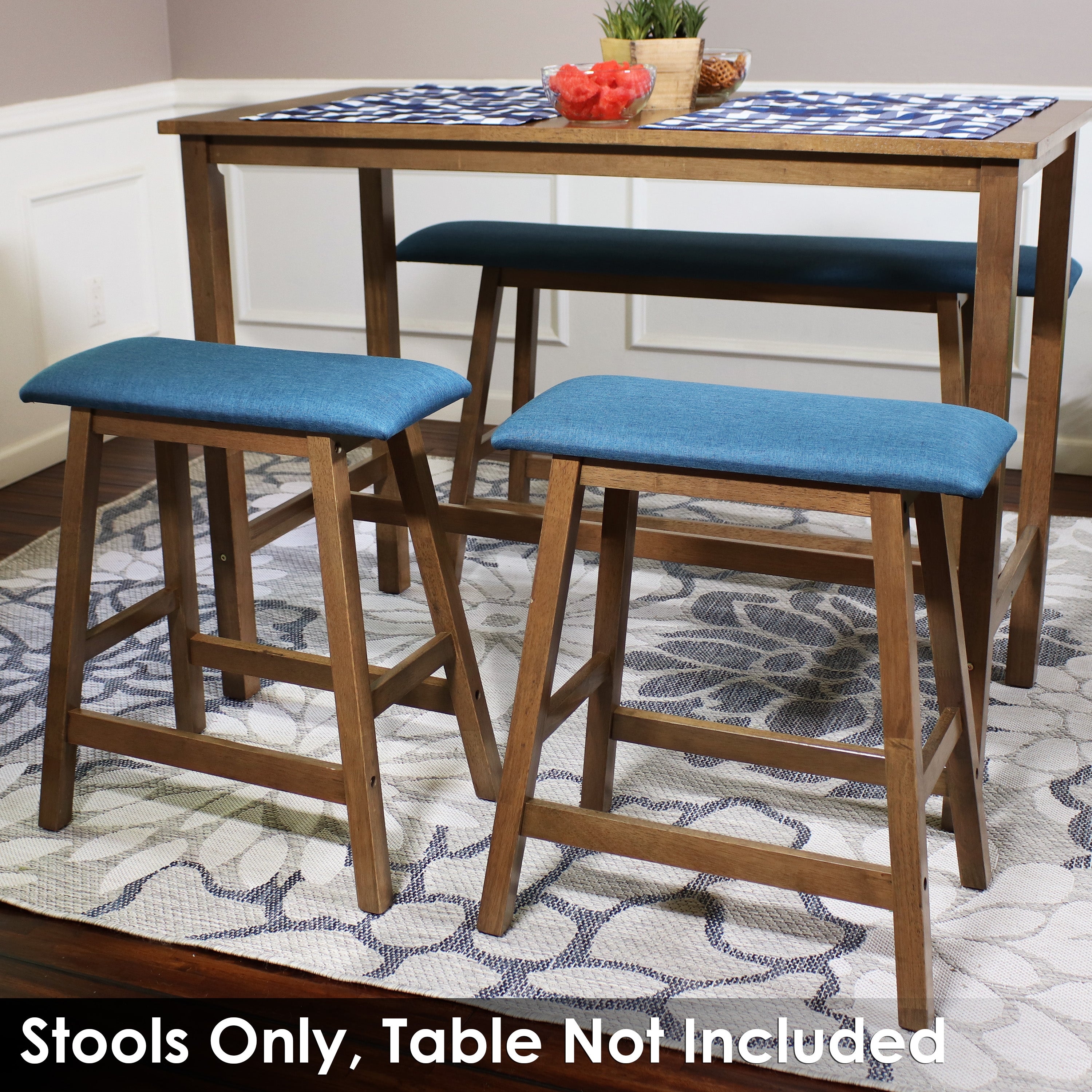 Sunnydaze Set of 2 Counter Height Bar Stools - Weathered Oak Finish with Blue Cushions - Perfect for Kitchen Island, Breakfast Nook & Home Bar Decor