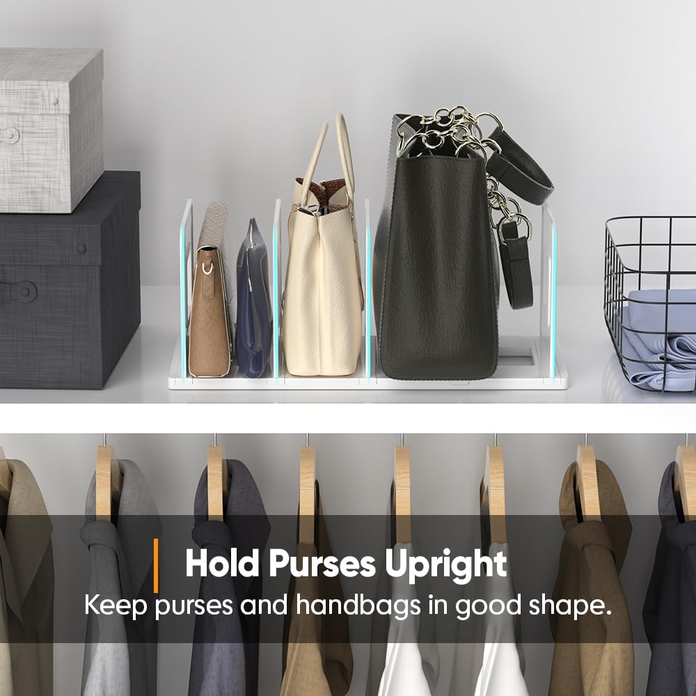 Adjustable Purse Organizer for Closet Shelf - 10 Divider Handbag Storage Organizer with Shelf Dividers - White | Perfect for Closet Organization & Purse Display