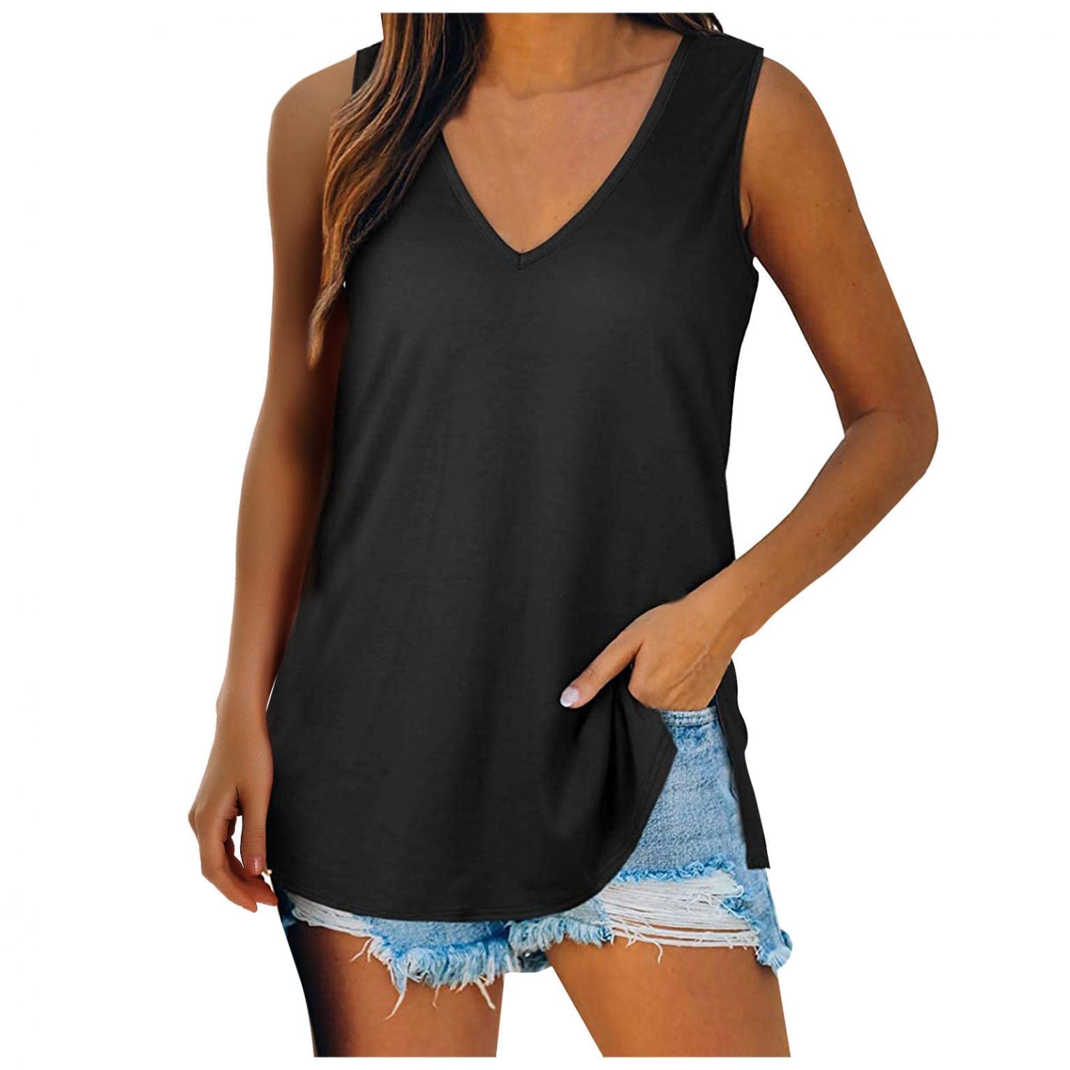 Masbird Women's Loose Fit V-Neck Tank Tops - Basic Solid Color Casual Sleeveless Summer Tops for Women - Perfect for Yoga, Beach, and Everyday Wear