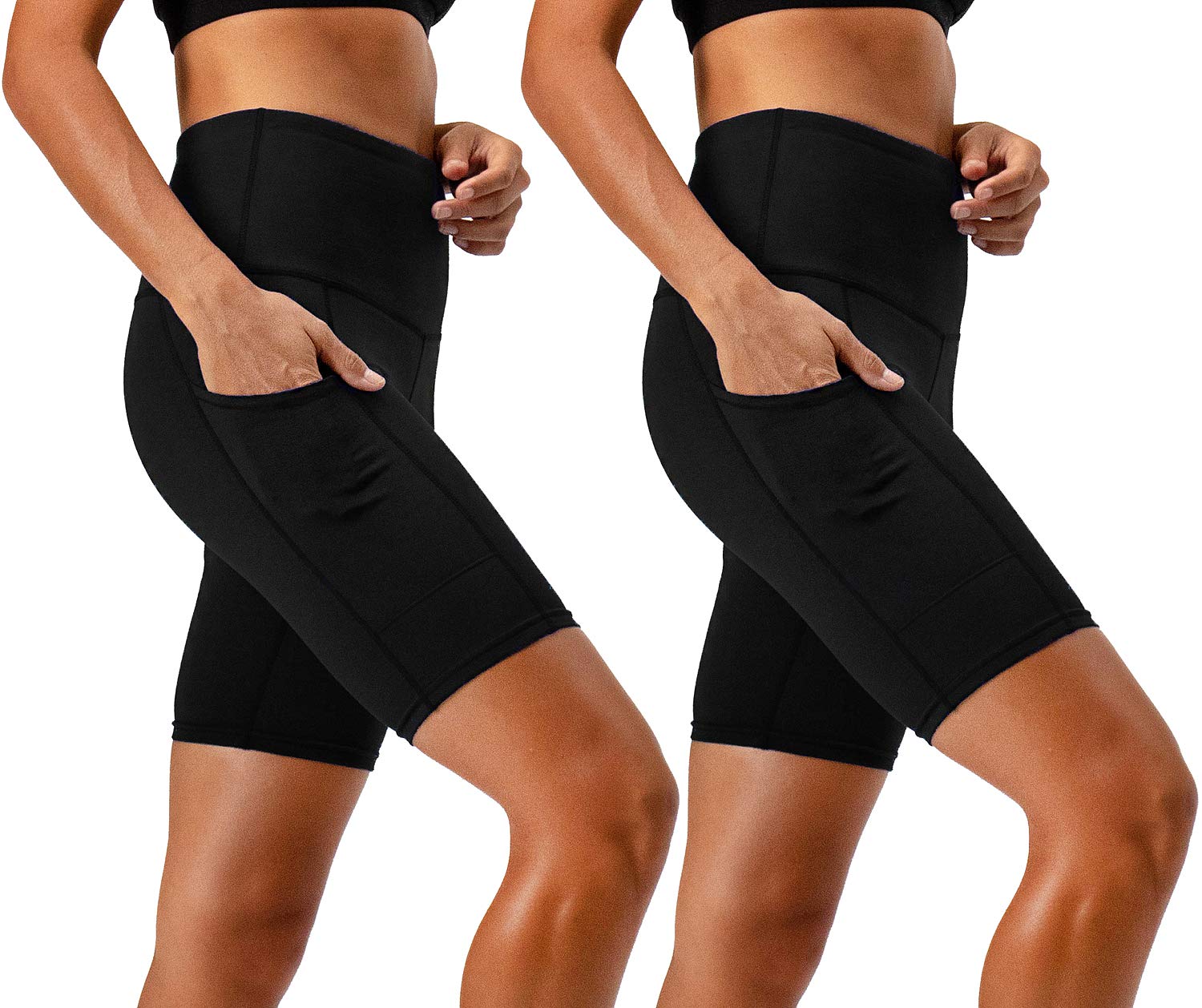 DEVOPS Women's High Waist Yoga Shorts 2-Pack - Workout Running Exercise Shorts with Side Pockets for Gym, Lounge & Outdoor Activities