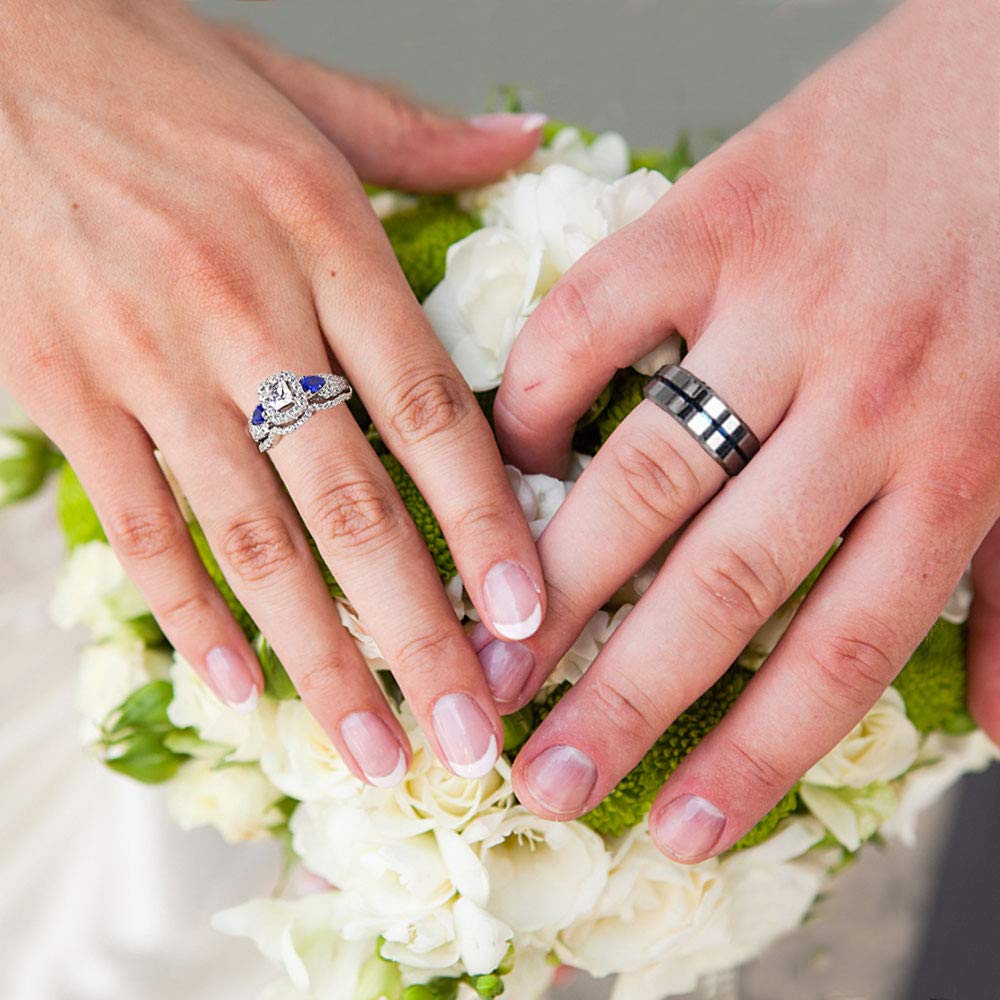 Couple Wedding Rings Set - Sterling Silver & Tungsten Bands for Him & Her | Engagement, Anniversary Gift