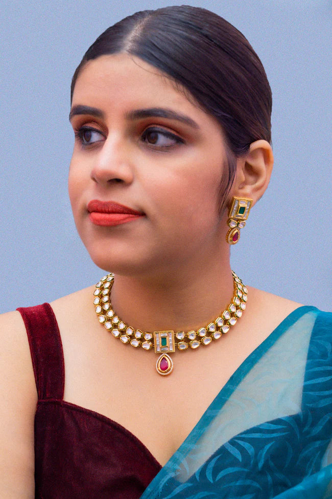 Royal Kundan Necklace and Earrings Set - 24K Gold Plated Designer Jewelry for Weddings, Parties & Special Occasions (D387)