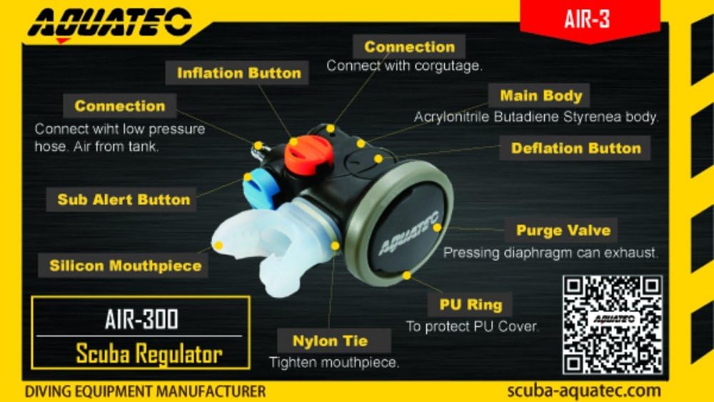 Aquatec AIR-3 Alternate Air Source OCTO Inflator Regulator with Sub Alert - Scuba Diving Gear for Emergency Air Sharing & Buoyancy Control - Perfect for Recreational & Technical Divers