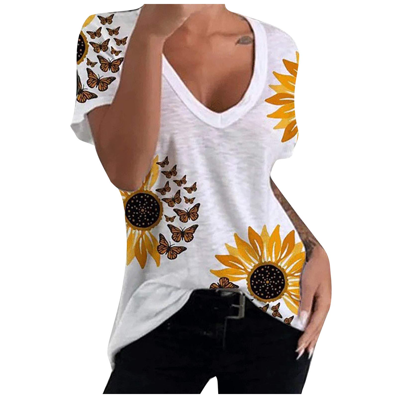 Women's White Sunflower Print T-Shirt - Short Sleeve Casual & Workout Top for Gym, Running, Yoga & Everyday Wear