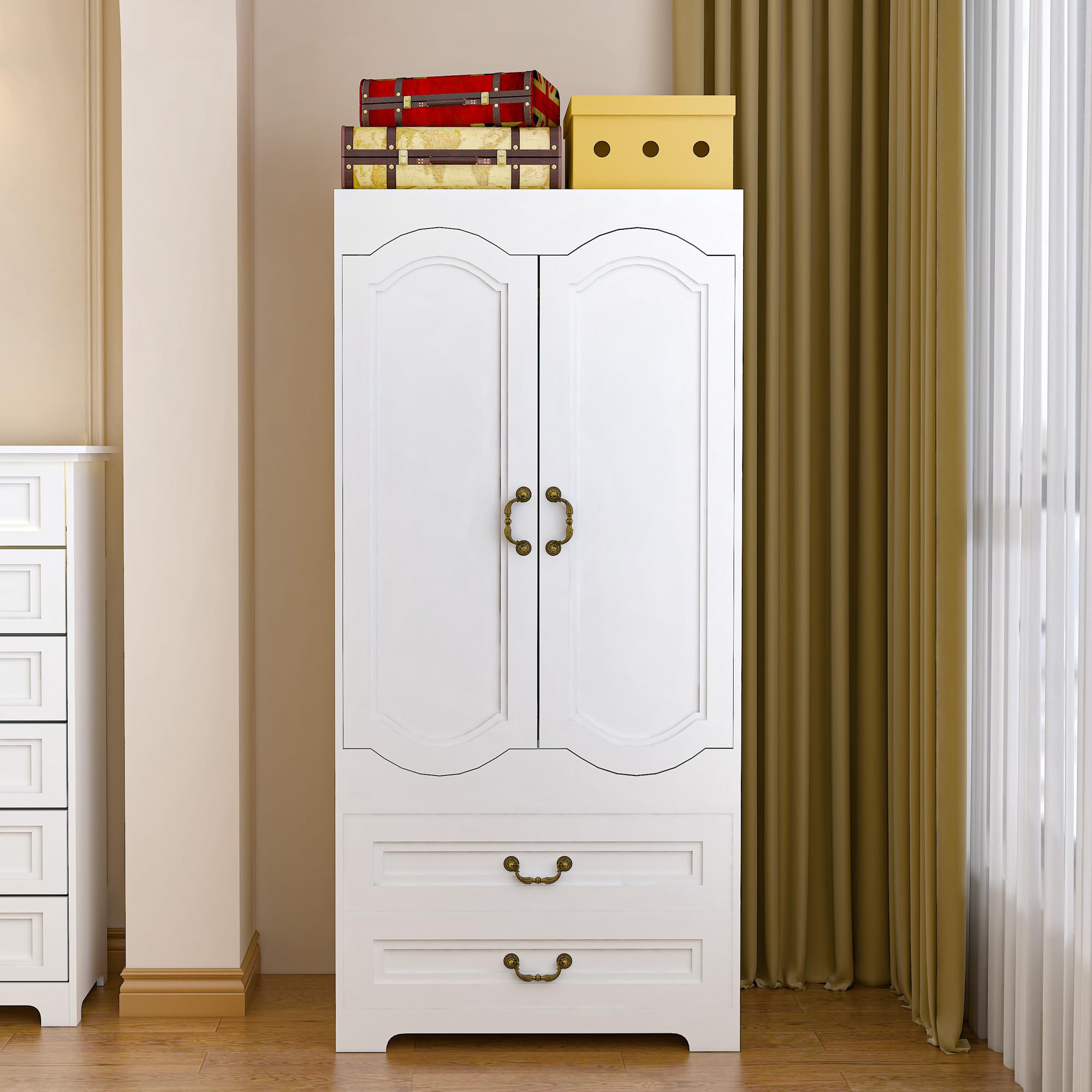 Vintage White Wooden Armoire Wardrobe Closet with Drawers & Hanging Rack - Tall Storage Cabinet for Bedroom, Guest Room & Dorm Organization - Perfect for Clothes, Shoes & Accessories Storage