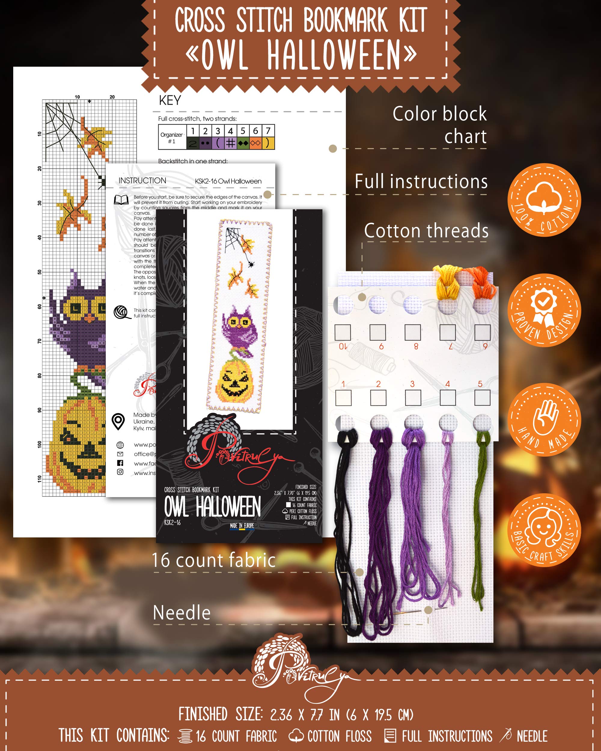 Halloween Owl Cross Stitch Kit - DIY Hand Embroidery Bookmark with Pumpkin Jack-o'-Lantern Design - Perfect for Halloween Decorations, Gifts & Craft Projects