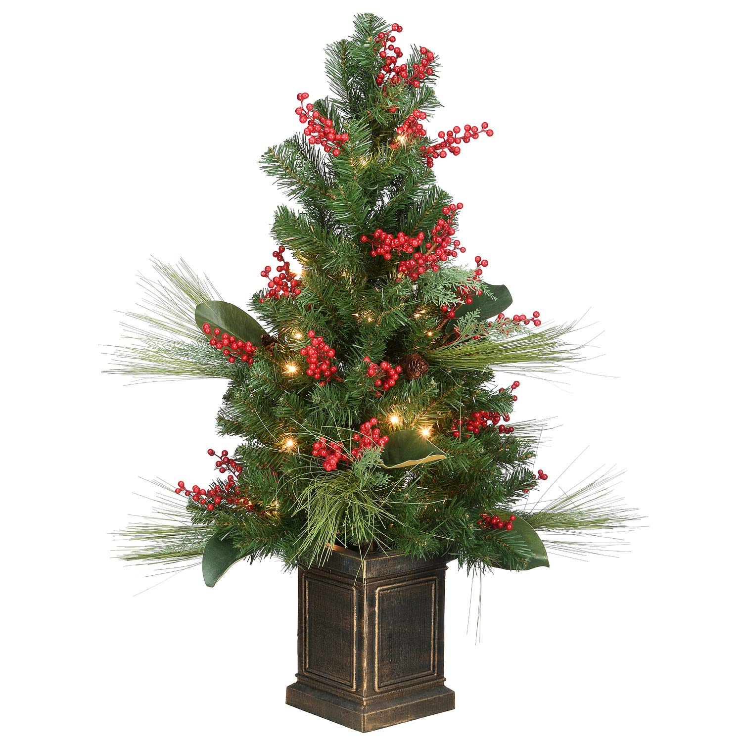 National Tree Company 40in Artificial Magnolia Tree with 35 Clear LED Lights & Berries - Green Decorative Faux Plant for Home, Office, and Holiday Decor