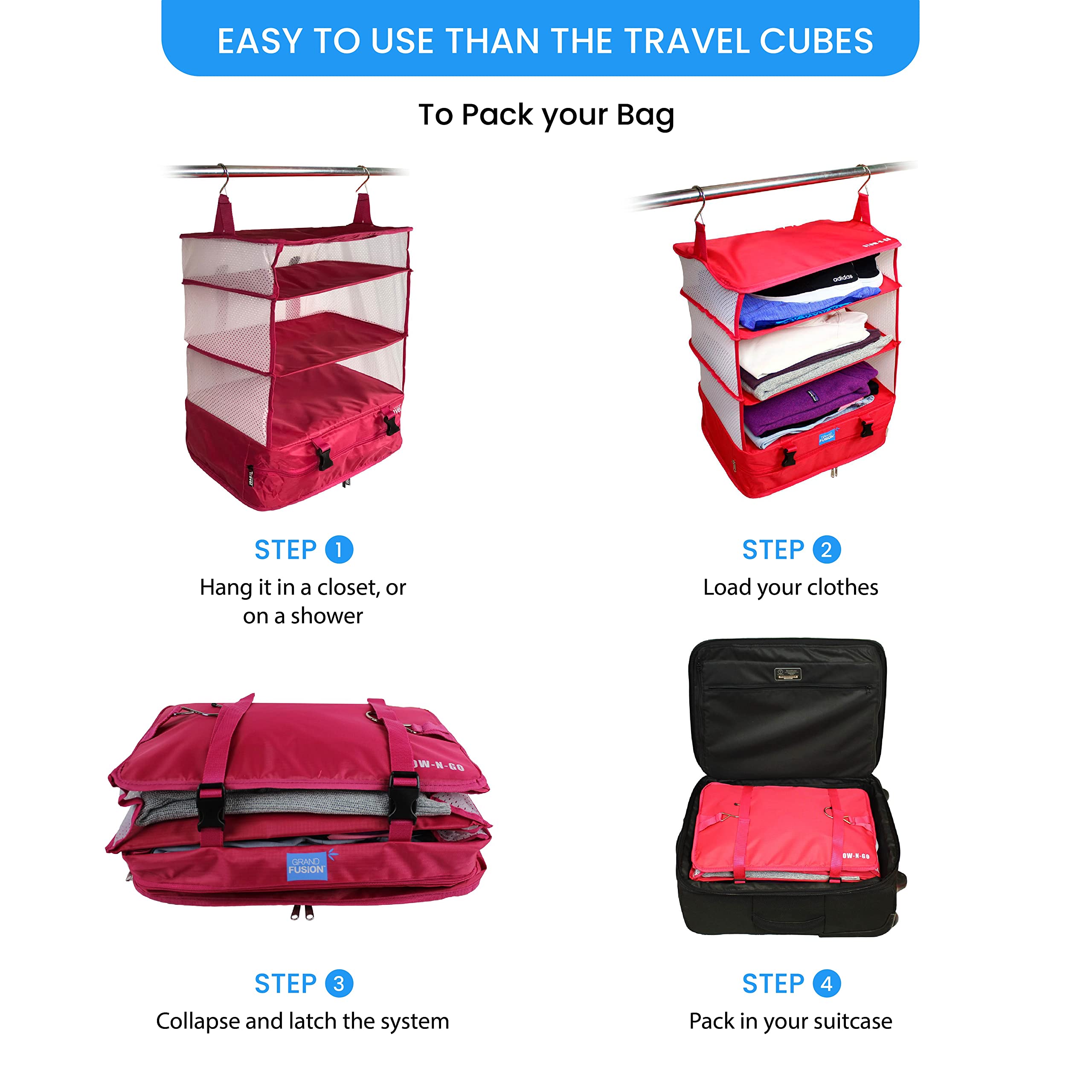 Grand Fusion Stow-N-Go Portable Hanging Travel Shelves - Expandable Packing Organizer for Luggage & Carry-On Closet (Pink, XL 17.7
