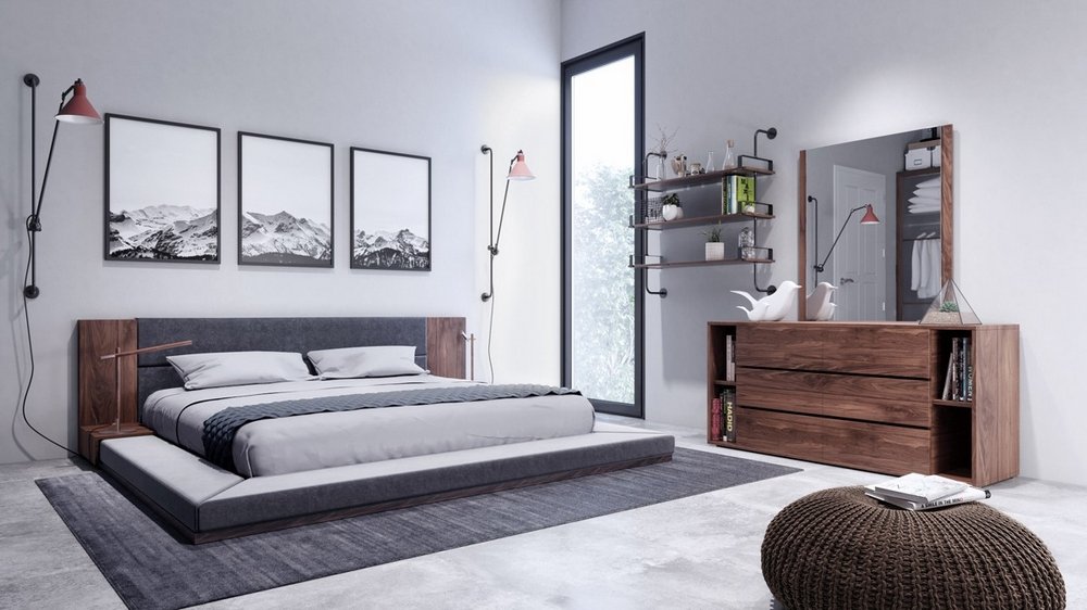 Modern Fabric Upholstered Walnut Veneer Platform Bed with Built-in Nightstands - Queen Size Bed Frame in Gray & Brown | Cimarron Collection | Perfect for Master Bedroom, Guest Room & Small Space Living