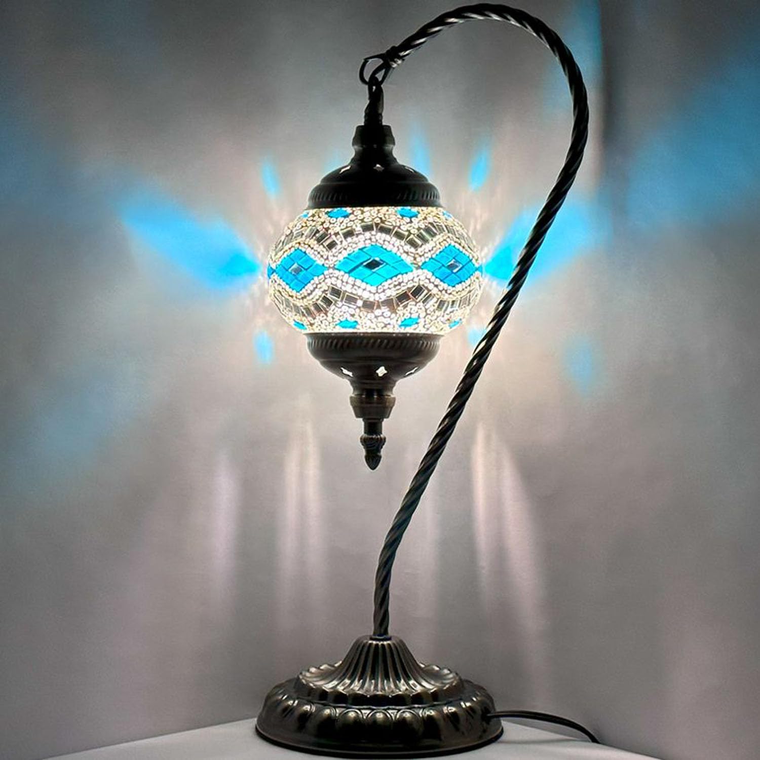 SilverFever Mosaic Turkish Lamp - Moroccan Glass Swan Neck Lantern with Bronze Base for Table, Desk & Bedside Decor | Includes E12 Light Bulb | Grey Blue Wave Design | Perfect for Home, Restaurant & Outdoor Lighting
