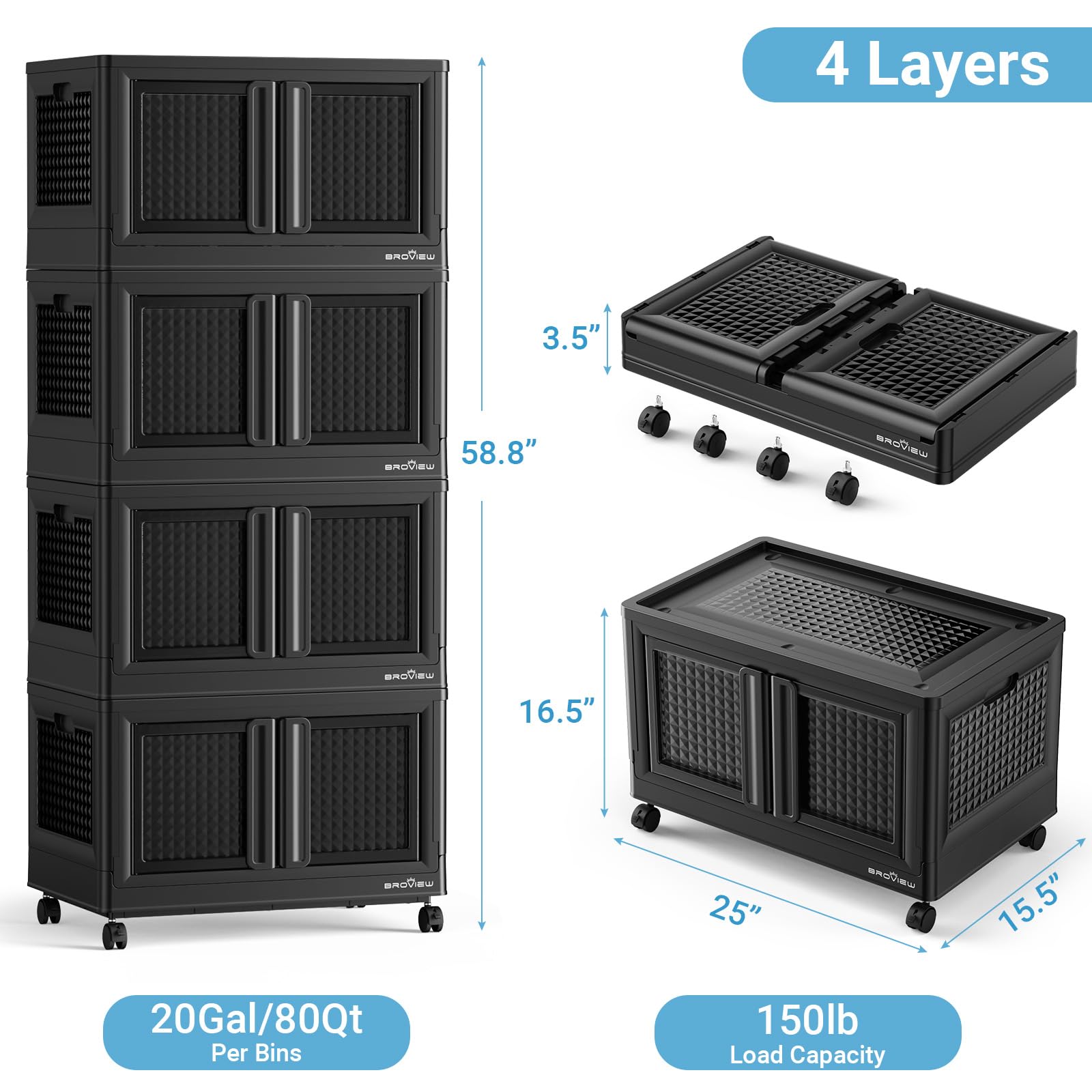 320Qt (80Gal) Stackable Collapsible Storage Bins with Lids & Wheels - 4-Pack Black Plastic Storage Containers for Home, Office, Garage - Perfect for Closet Organization, Seasonal Storage & Moving Supplies