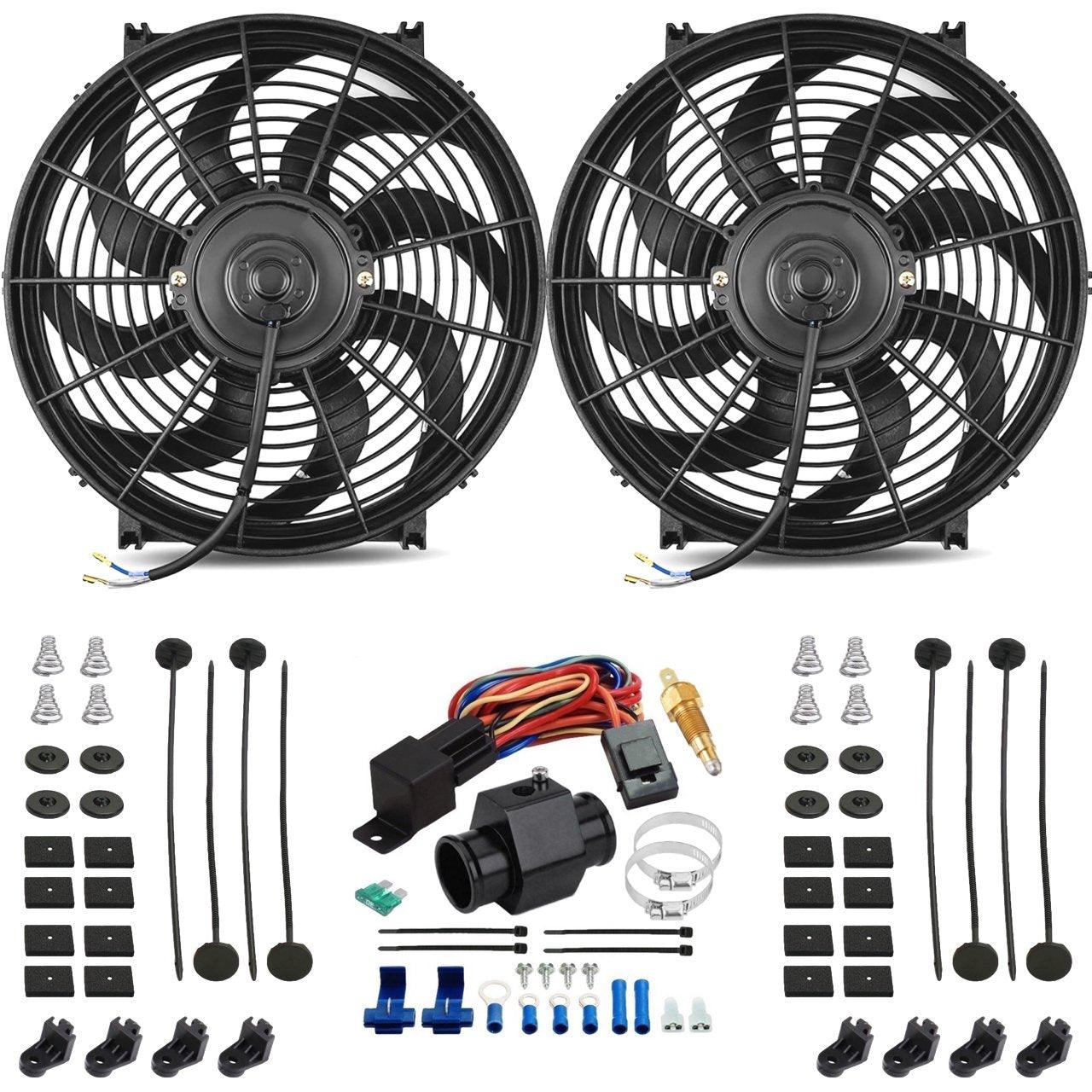 Dual 14-15 Inch Electric Cooling Fans with Radiator, Hose, and Ground Temp Switch Kit - Perfect for Car Engine Cooling & Performance Upgrades