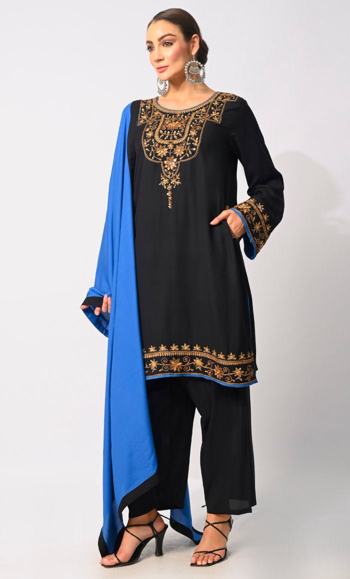Modern Tradition: Machine Embroidered 3 Piece Black Salwar Kameez with Classic Handwork - Elegant Pakistani Outfit for Weddings, Parties & Festive Occasions