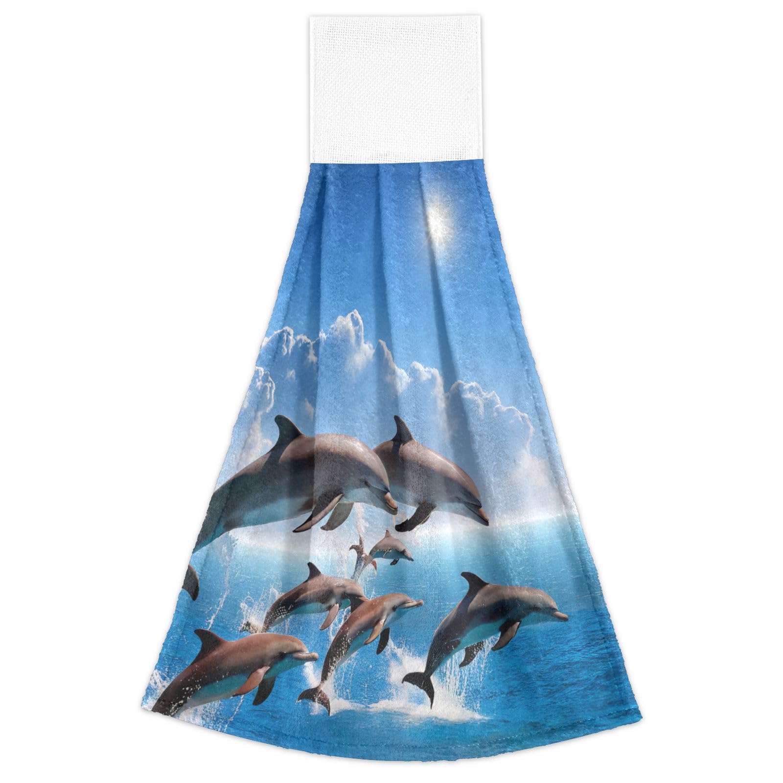 ATTX Set of 2 Blue Ocean Jumping Dolphins Hanging Kitchen Towels - Super Absorbent Soft Coral Velvet Dish Cloths for Kitchen & Bathroom - Perfect for Drying Dishes, Wiping Countertops, and Hand Drying