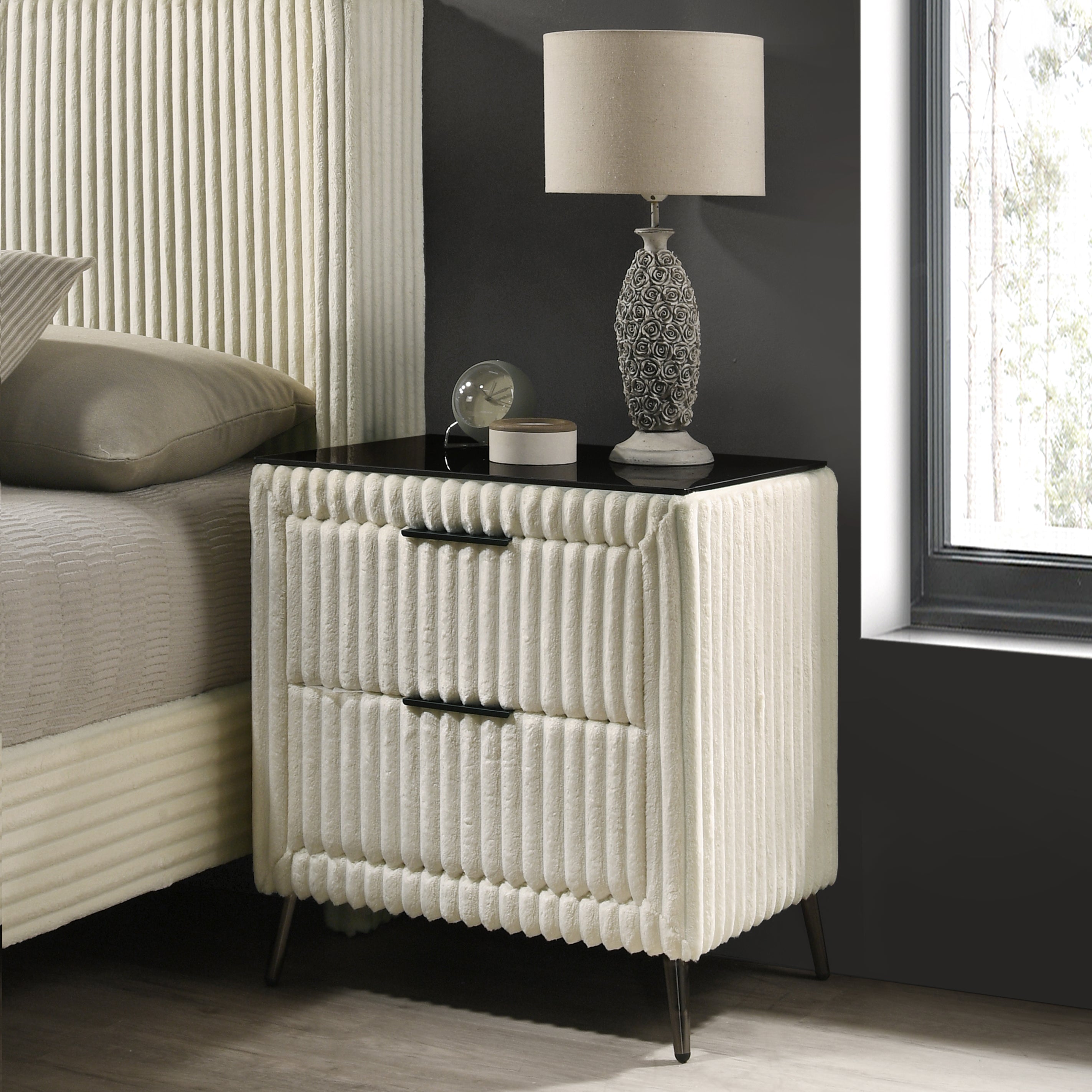 Roundhill Furniture Mavela Wide Wale Corduroy Upholstered Panel Bed with 2 Nightstands - Luxurious Bedroom Set for Modern Home Decor & Cozy Sleeping Experience