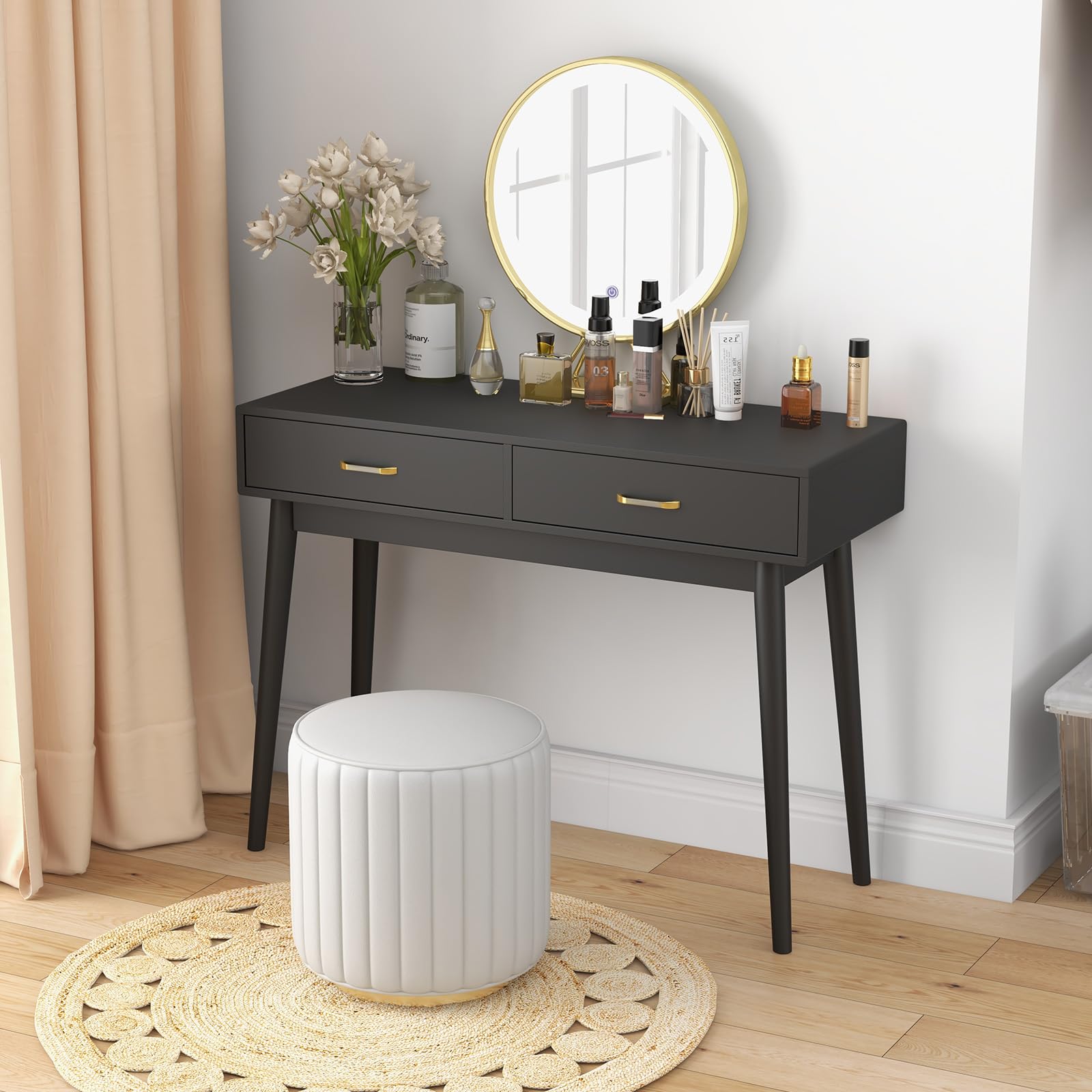 40 Inch Small Desk with Drawers - Modern Home Office Study Writing Desk for Bedroom, Black Computer Desk with 4 Solid Legs, Space-Saving Vanity Desk for Small Spaces | Perfect for Home Office, Dorm Room & Apartment Workspace