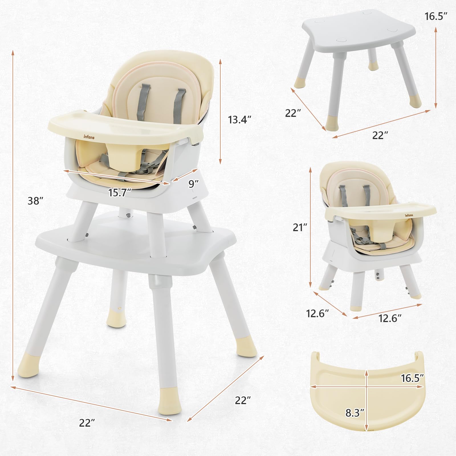 INFANS 8-in-1 Convertible Baby High Chair for Infants & Toddlers - Adjustable Dining Booster Seat, Building Block Activity Table, Kids Stool & Chair Set with Removable Tray | Perfect for Feeding, Playtime & Learning at Home or Daycare