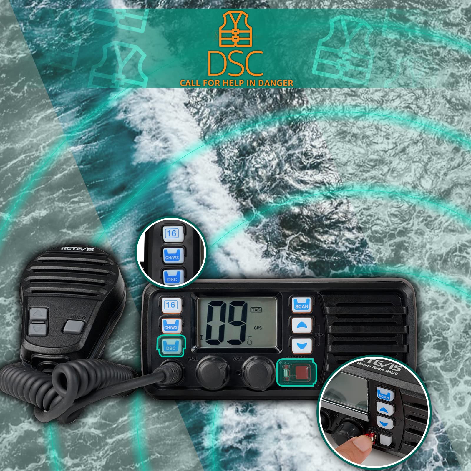 Retevis RM20 25W VHF Marine Radio Transceiver with GPS, IP67 Waterproof, Triple Watch & Loudspeaker - Fixed Marine Communication for Boats, Ships, and Watercraft (1 Pack) - Perfect for Offshore Navigation, Emergency Situations, and Marine Adventures