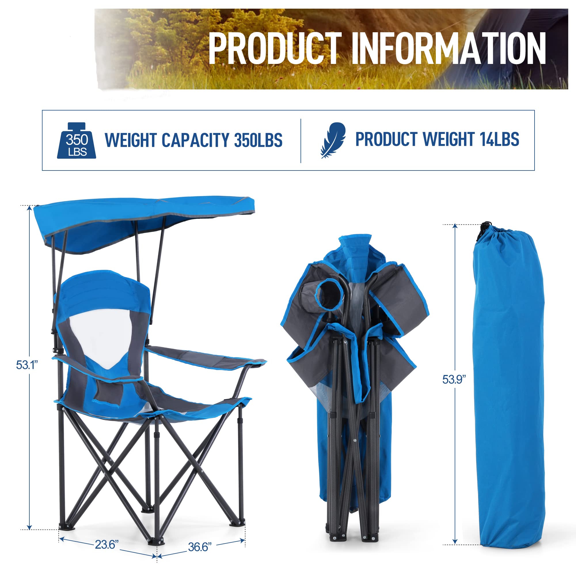 ALPHA CAMP Heavy Duty Folding Camping Chair with Shade Canopy - 300 LBS Capacity, Cup Holder & Carry Bag Included - Perfect for Outdoor Camping, Hiking, Beach Trips & Backyard BBQs - Royal Blue