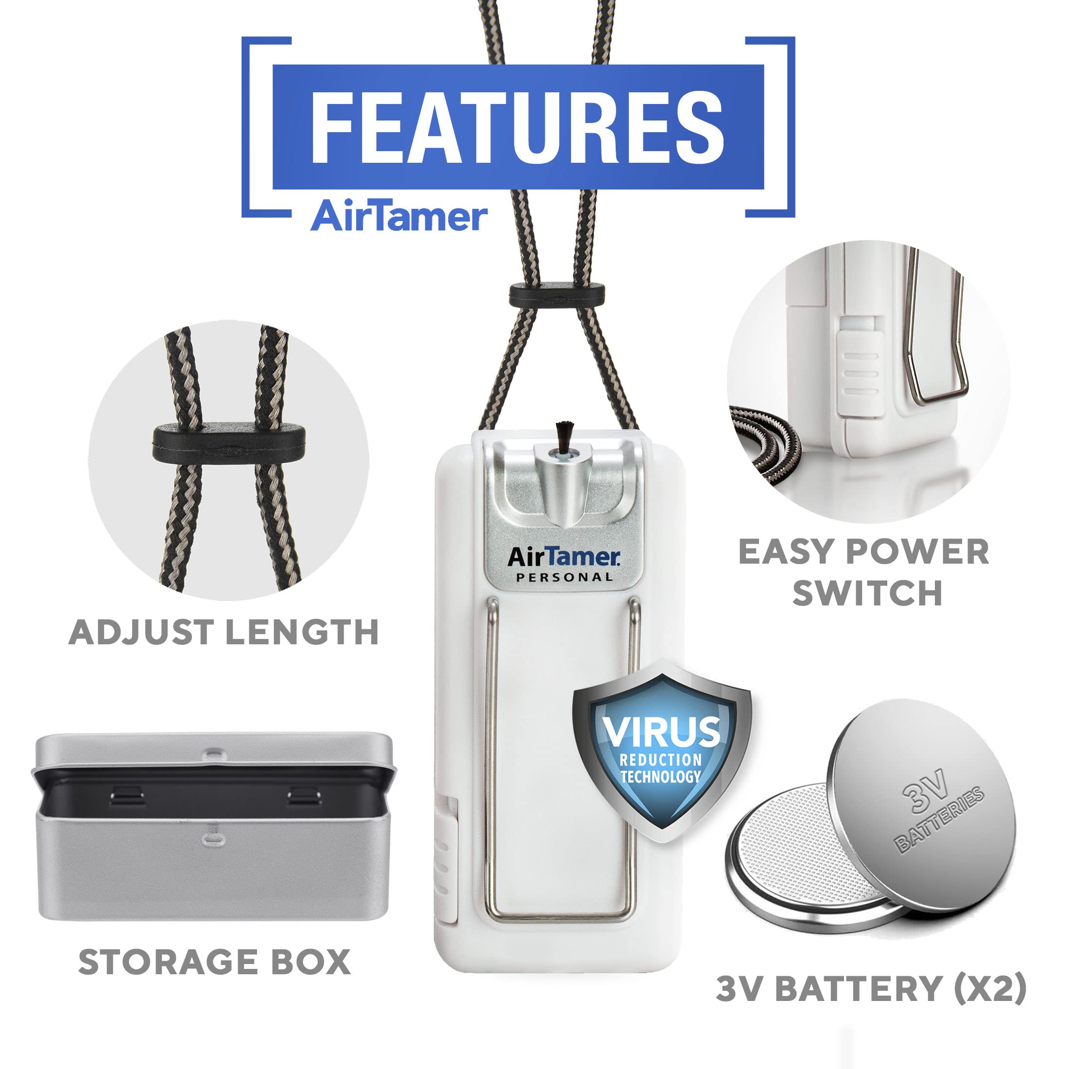 AirTamer A302 Portable Personal Air Purifier with Electrostatic Technology | Rechargeable Lithium Battery | Compact Travel Size for Home, Office & Outdoor Use | Includes Durable Metal Travel Case