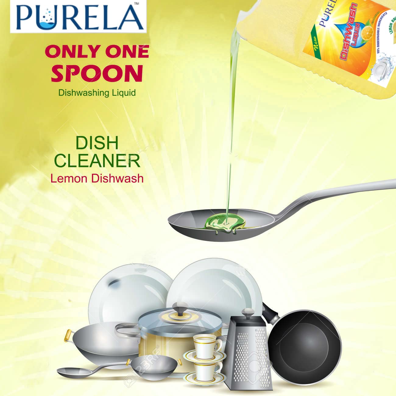 Purela Lemon Dishwashing Liquid Gel - 5L Grease Cutting Formula with Fresh Lemon Scent, No Residue for Pots, Pans & Utensils - Perfect for Kitchen, Restaurant & Commercial Use