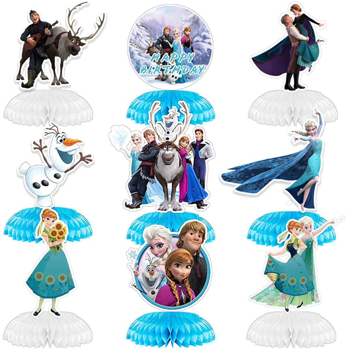Frozen Party Honeycomb Centerpiece Decorations - 9 Pack Frozen Theme Birthday Party Supplies for Table Decor, Baby Shower, Winter Wonderland Events