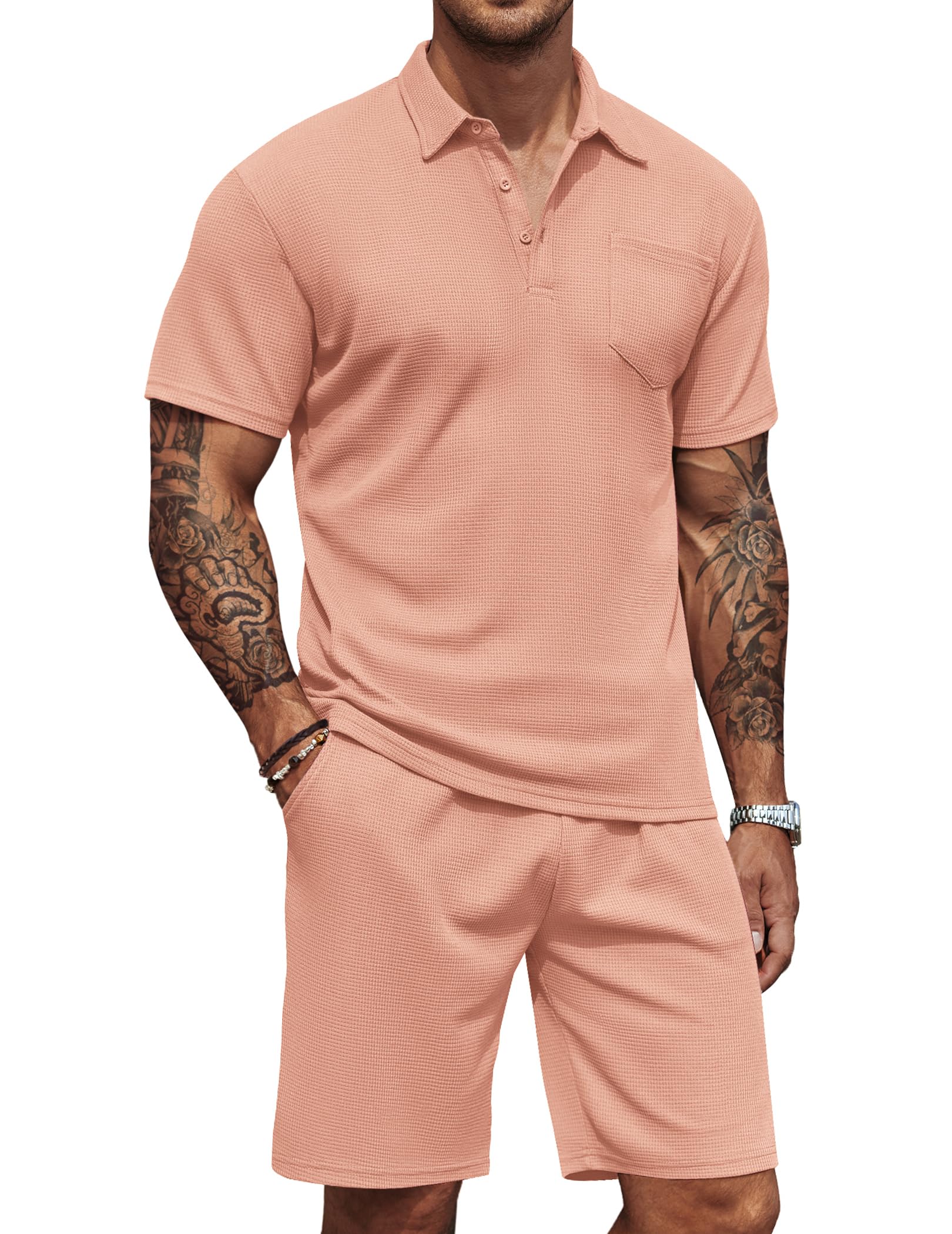 COOFANDY Men's Waffle Knit Polo Shirt & Shorts Set - 2 Piece Summer Casual Outfit with Pockets | Breathable Lounge Wear for Beach, Vacation & Everyday Comfort