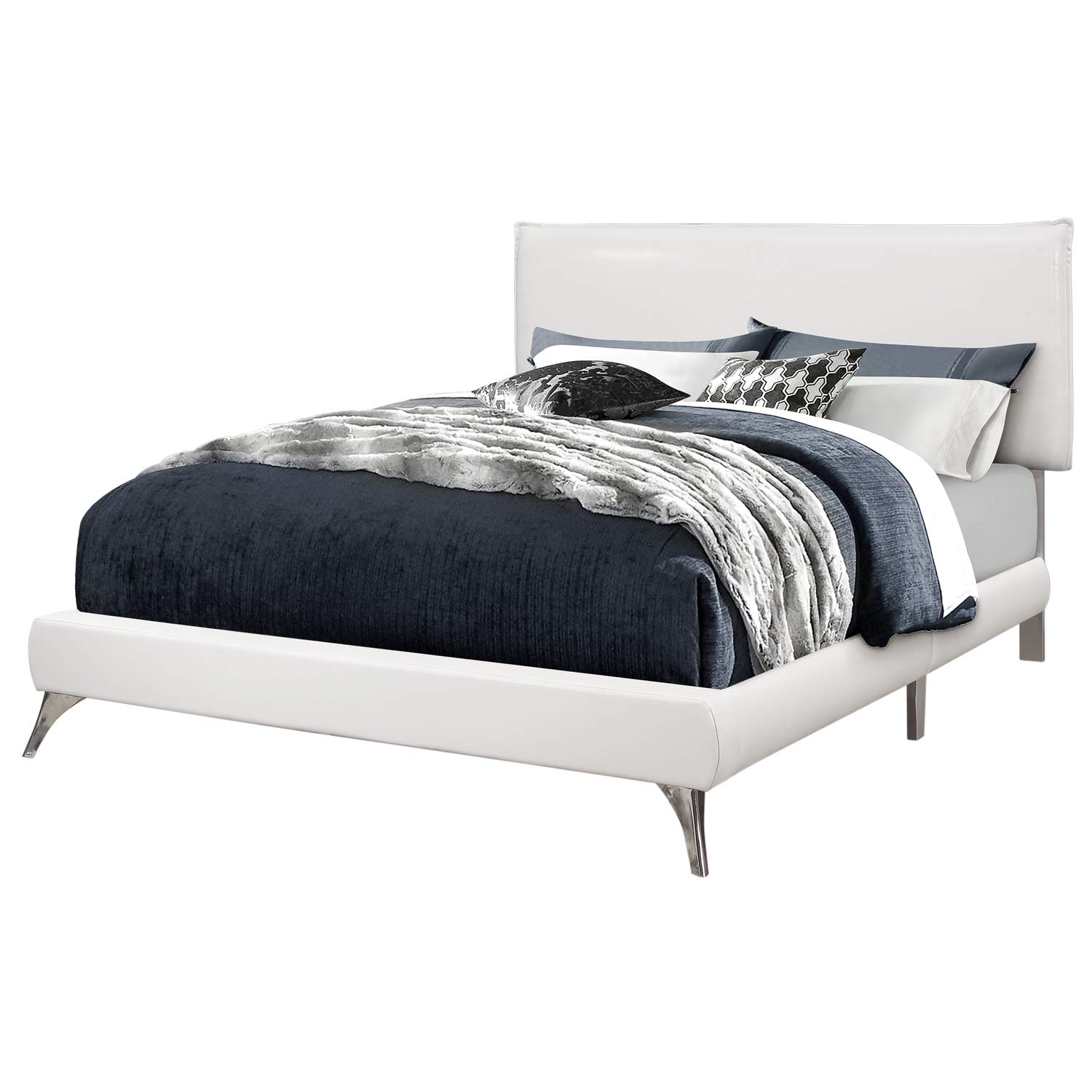 Monarch Specialties Queen Size White Leather-Look Bed Frame with Brown Wood Legs - Perfect for Modern Bedroom & Guest Room Decor