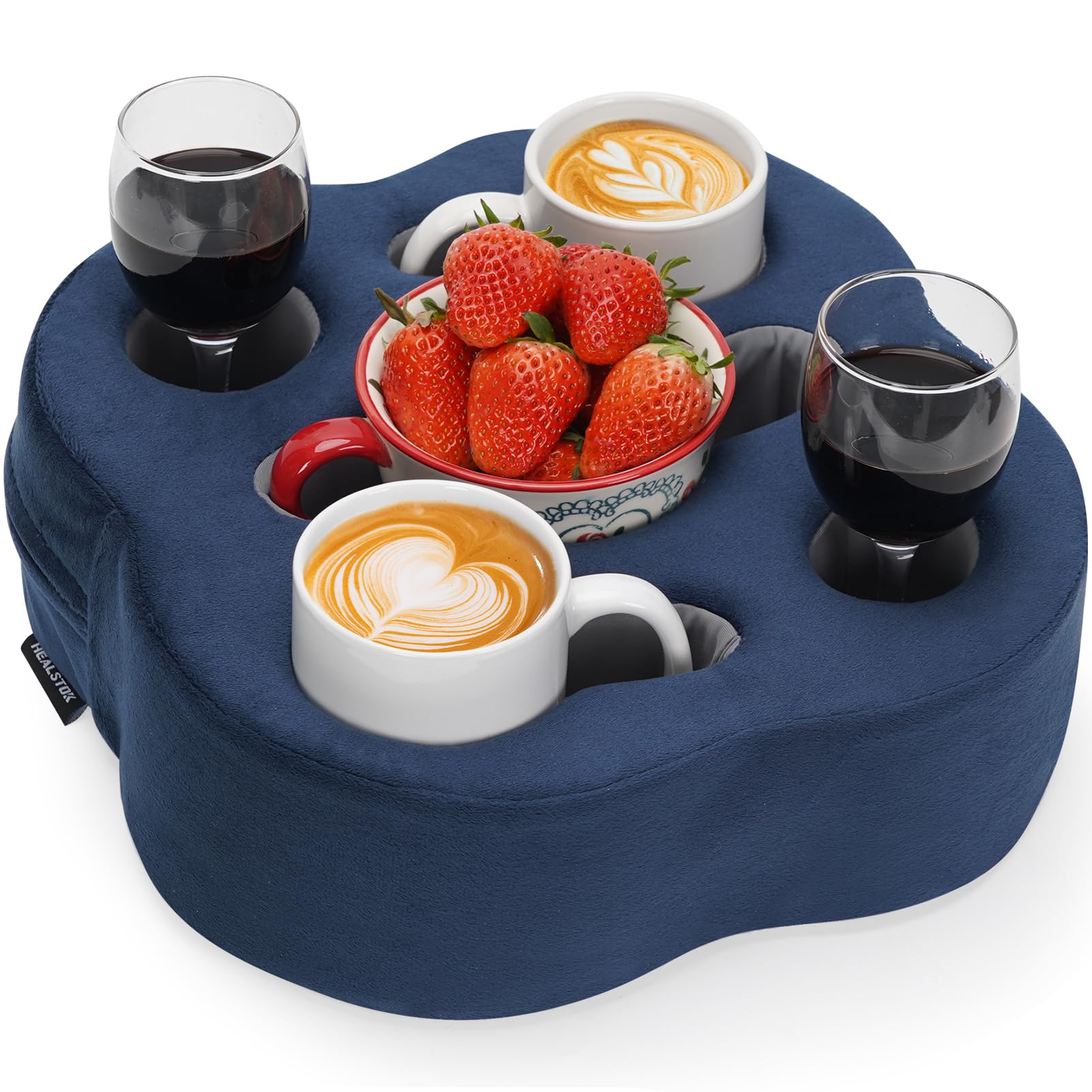 Universal Couch Cup Holder Pillow - Sofa & Bed Organizer Caddy for Drinks, Remote Controls, Phones & Snacks - Navy Blue - Perfect for Movie Nights & Relaxing at Home