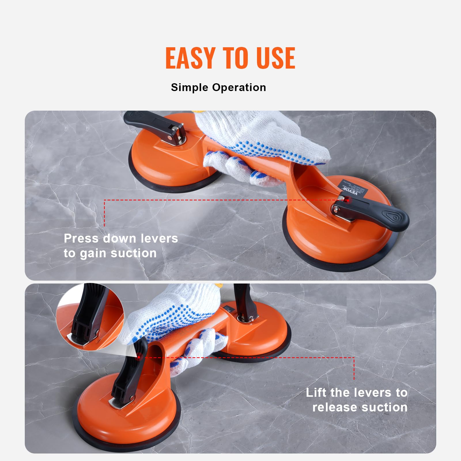 VEVOR NBR Glass Vacuum Lifter - 119mm Diameter, 85-150kg Load Capacity, -20°C to 60°C Operating Temperature - Heavy Duty Suction Cup for Glass, Marble, Tile Installation & Window Replacement
